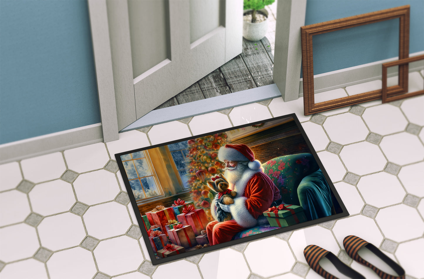 Yorkshire Terrier Yorkie and Santa Claus Doormat