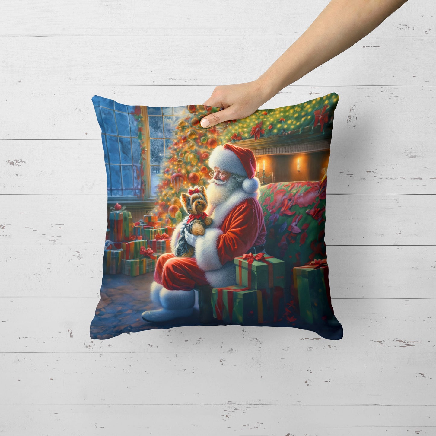 Yorkshire Terrier Yorkie and Santa Claus Throw Pillow