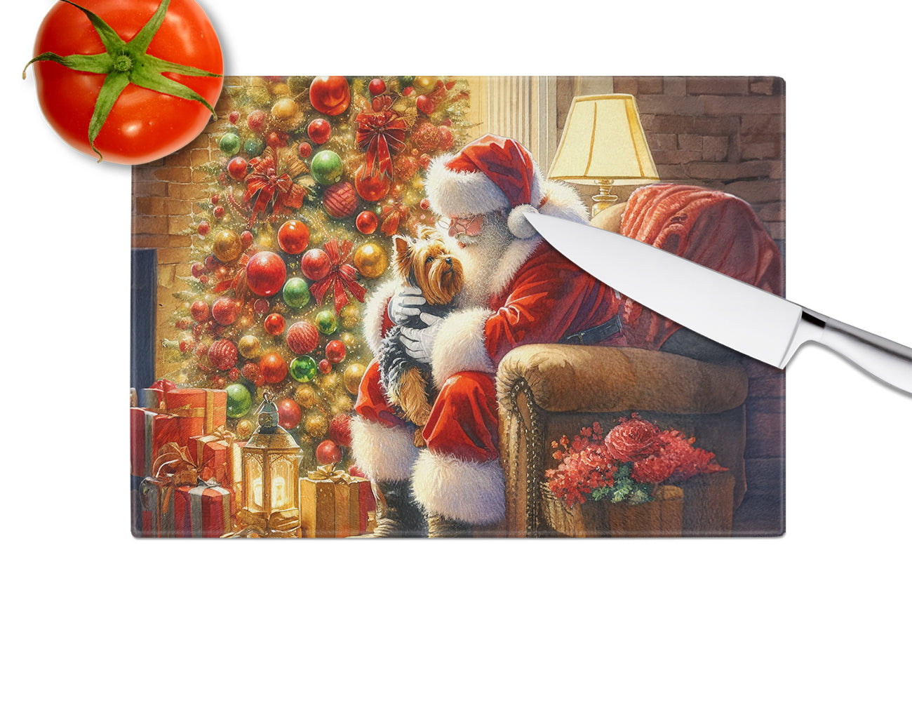 Yorkshire Terrier Yorkie and Santa Claus Glass Cutting Board