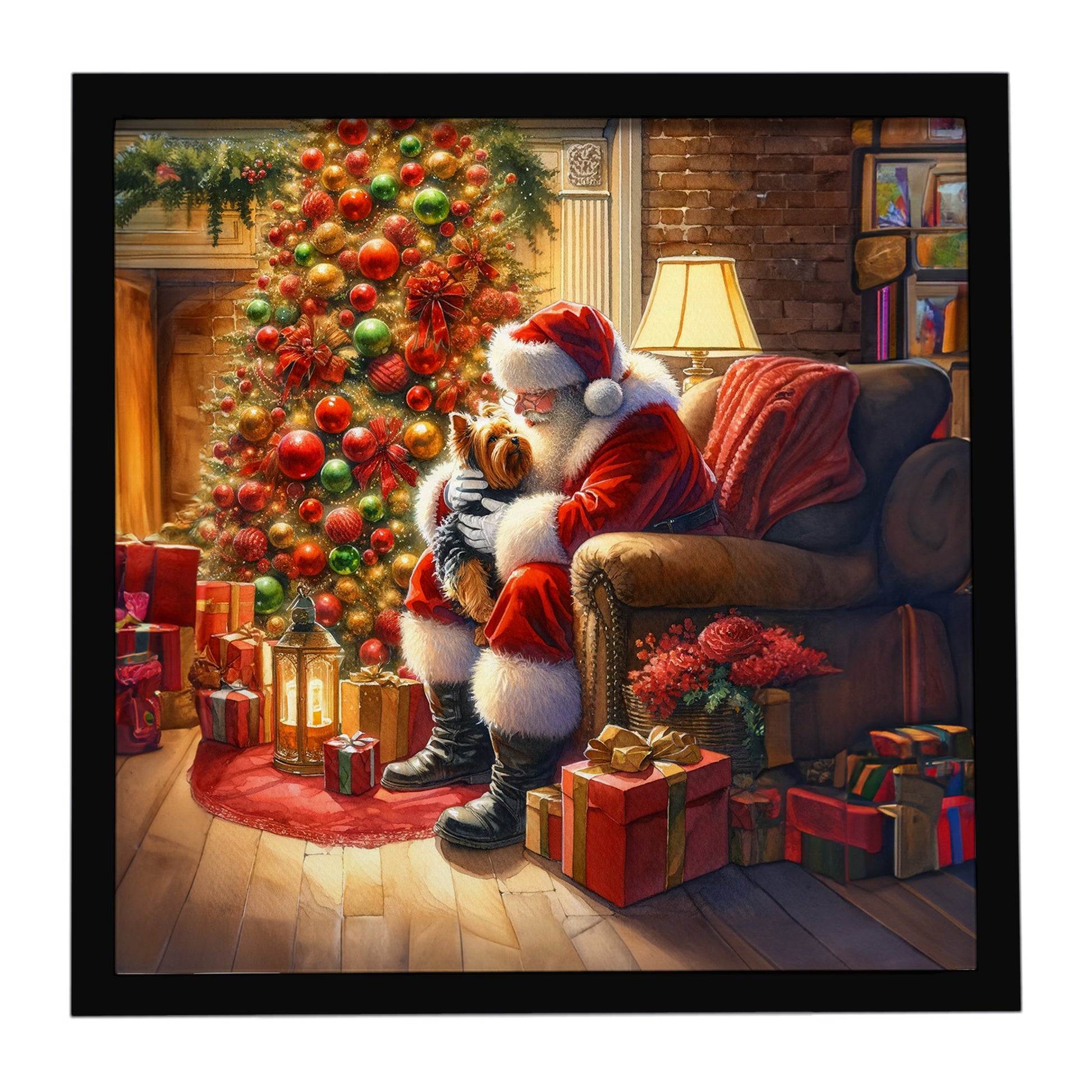 Buy this Yorkshire Terrier Yorkie and Santa Claus Framed Metal Print