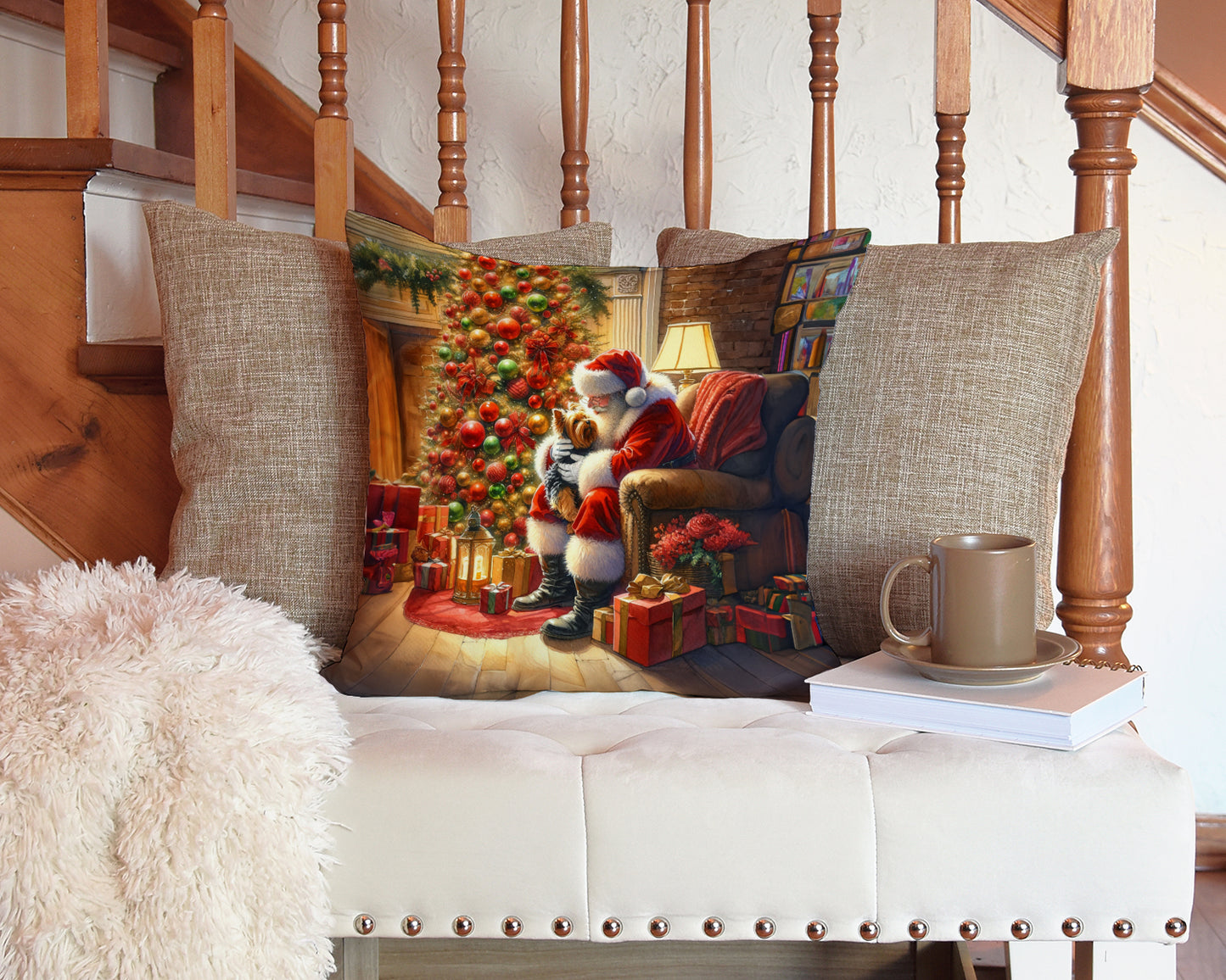 Yorkshire Terrier Yorkie and Santa Claus Throw Pillow