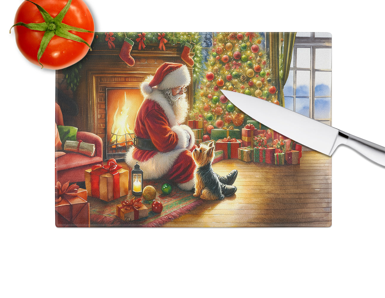 Yorkshire Terrier Yorkie and Santa Claus Glass Cutting Board