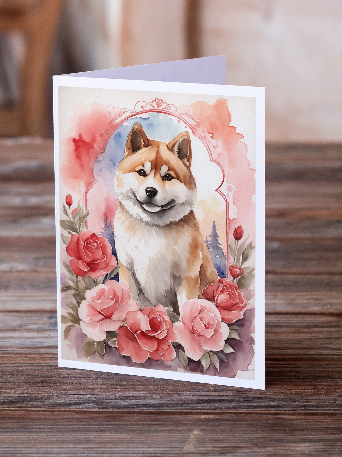 Akita Valentine Roses Greeting Cards Pack of 8