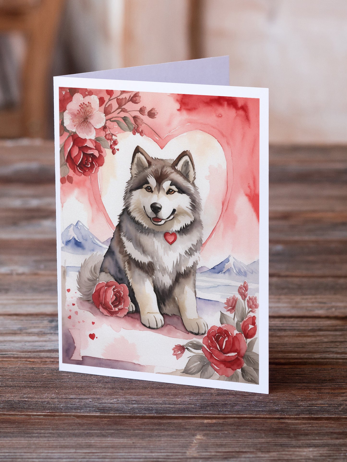 Alaskan Malamute Valentine Roses Greeting Cards Pack of 8