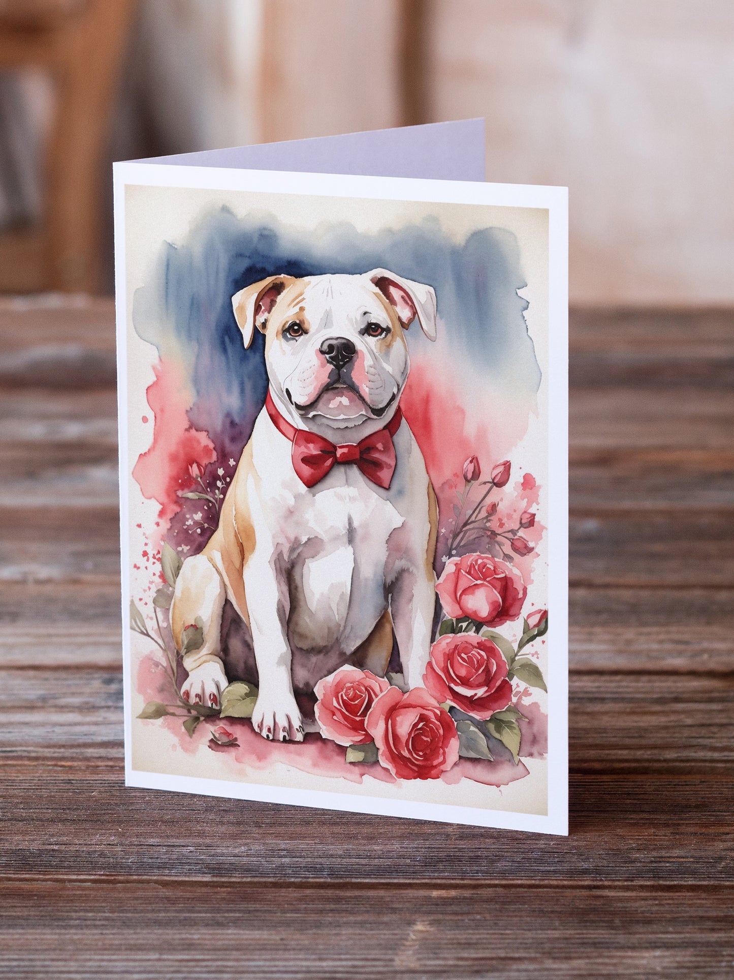 American Bulldog Valentine Roses Greeting Cards Pack of 8