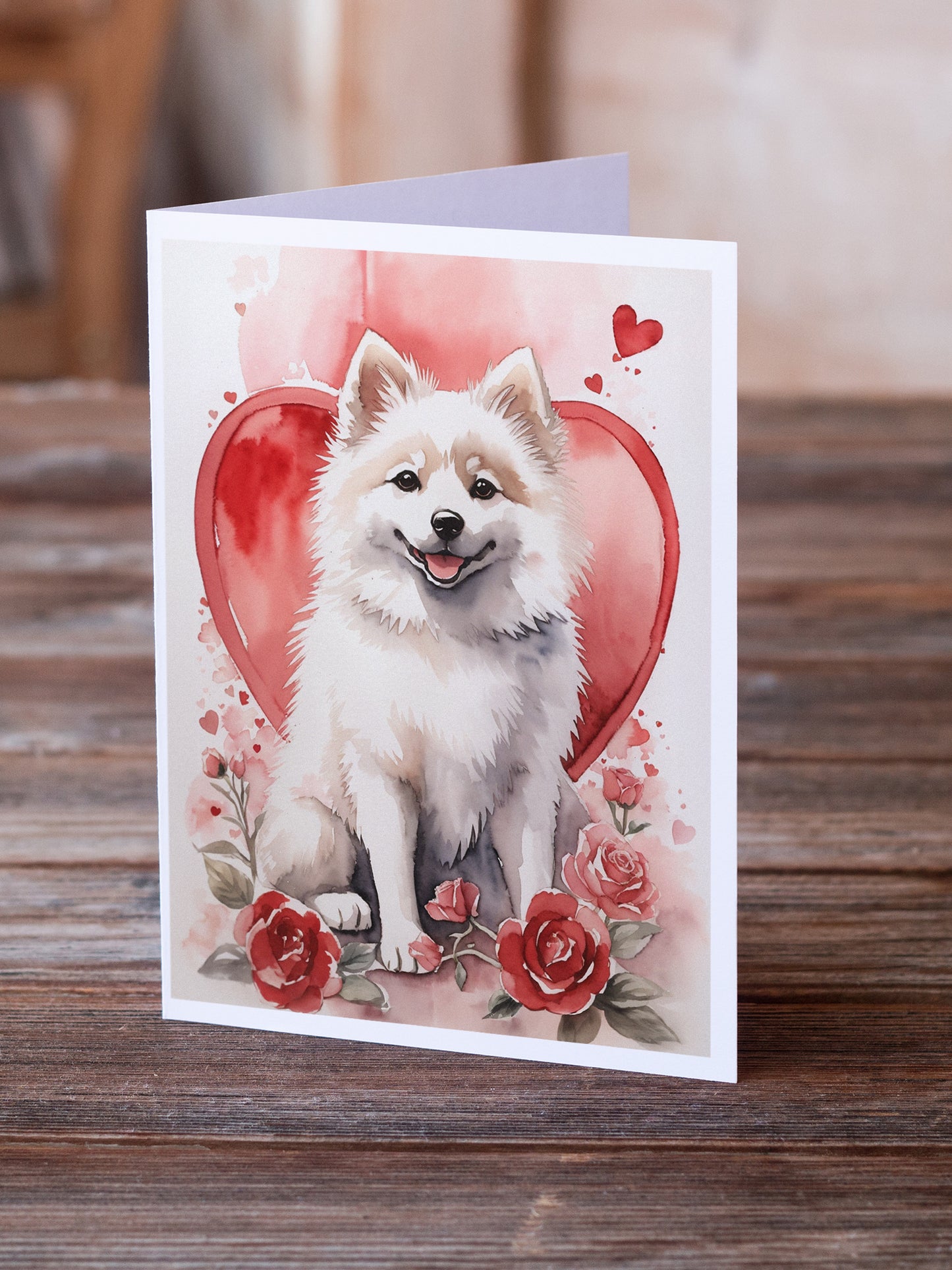 American Eskimo Valentine Roses Greeting Cards Pack of 8