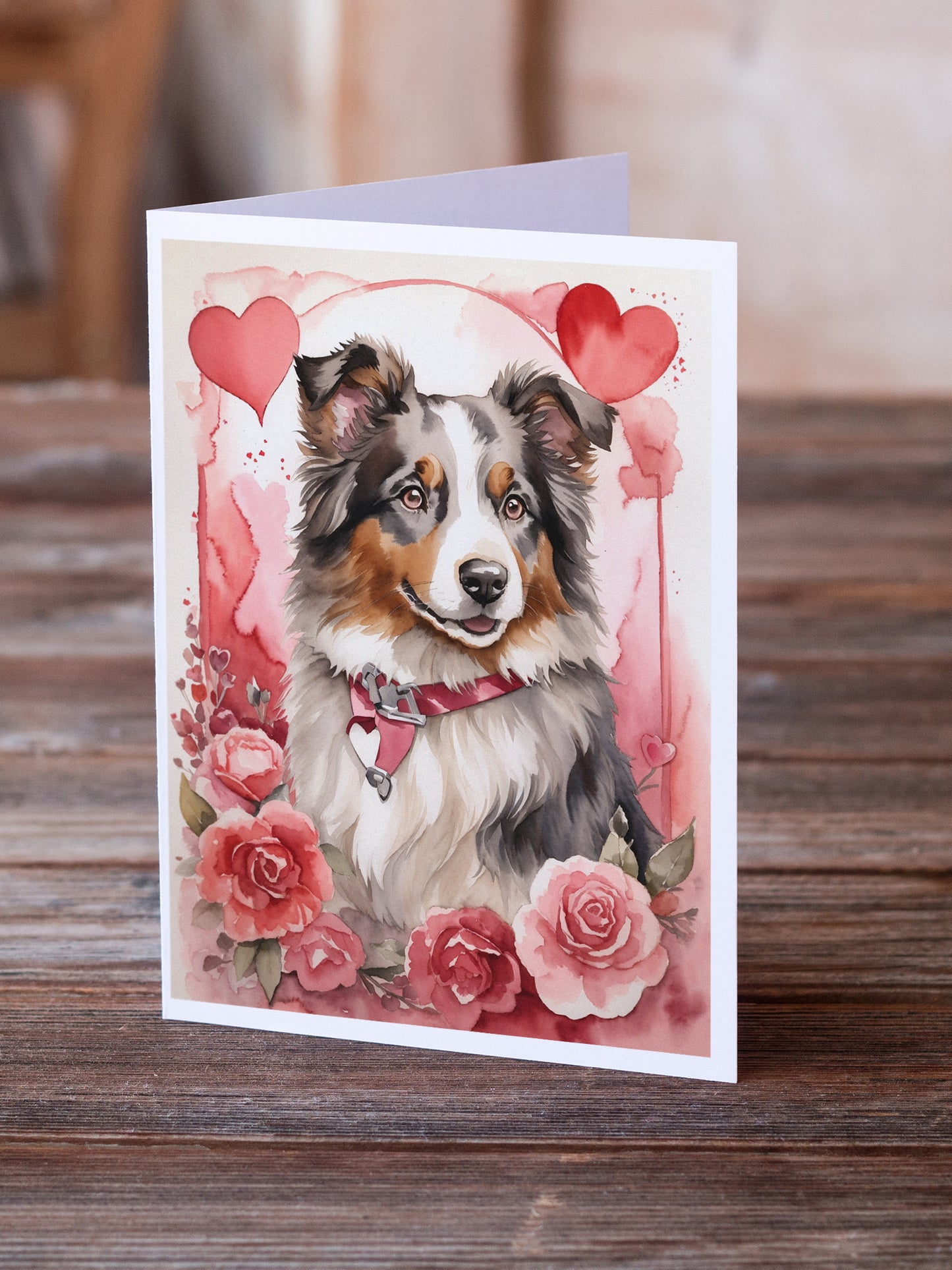 Australian Shepherd Valentine Roses Greeting Cards Pack of 8