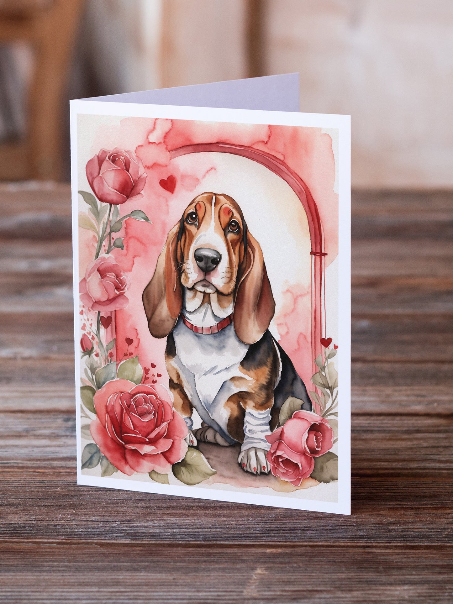 Basset Hound Valentine Roses Greeting Cards Pack of 8