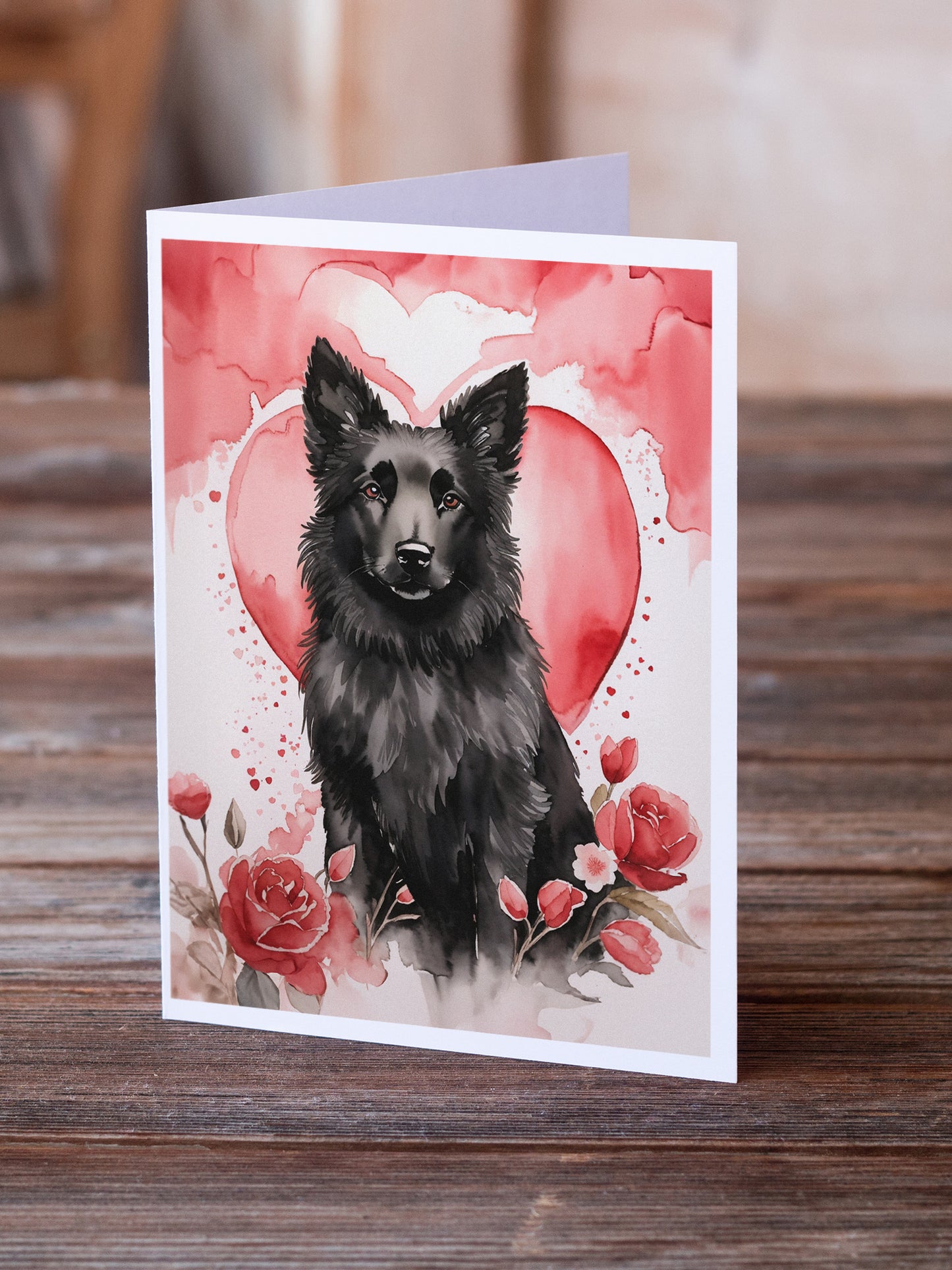 Belgian Sheepdog Valentine Roses Greeting Cards Pack of 8