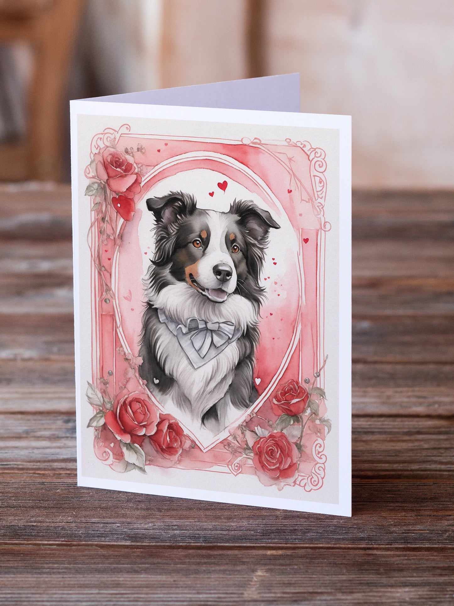 Border Collie Valentine Roses Greeting Cards Pack of 8