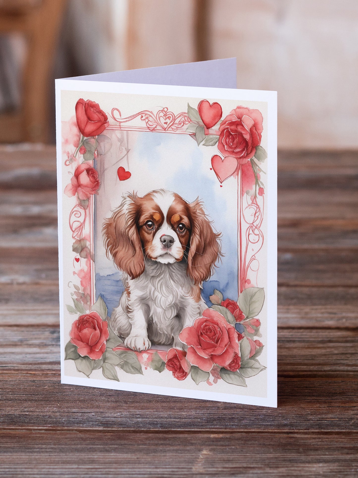 Cavalier Spaniel Valentine Roses Greeting Cards Pack of 8