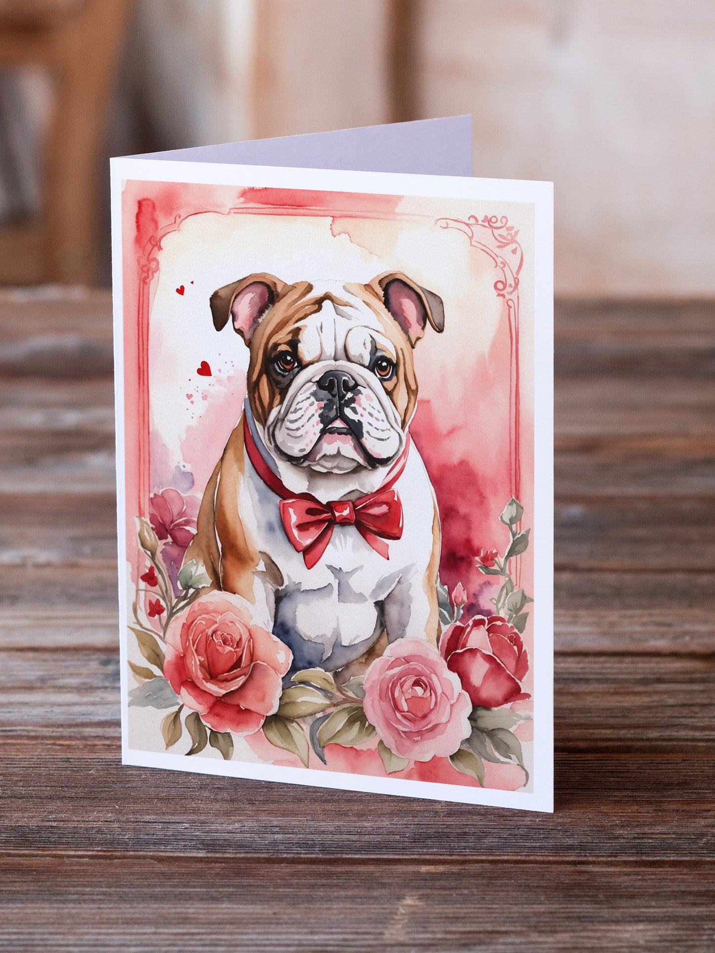 English Bulldog Valentine Roses Greeting Cards Pack of 8