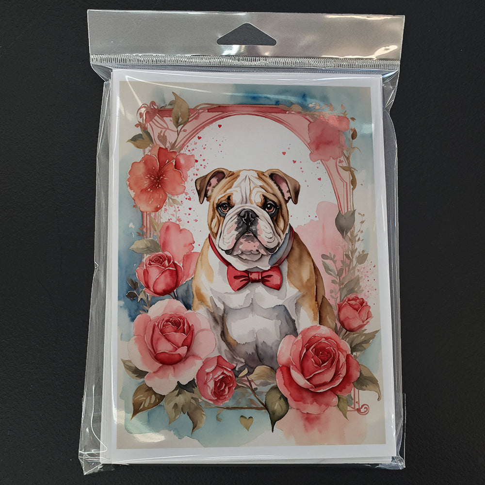 English Bulldog Valentine Roses Greeting Cards Pack of 8