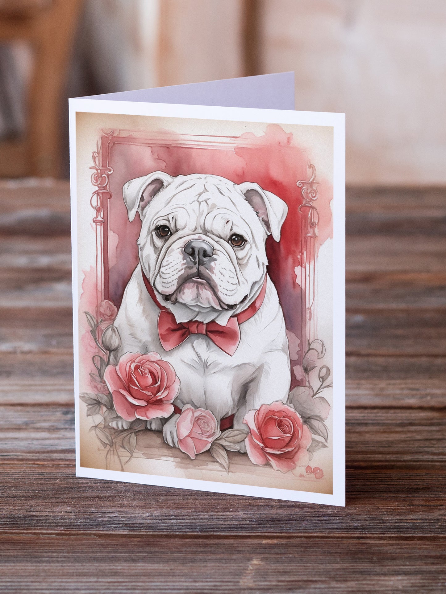 English Bulldog Valentine Roses Greeting Cards Pack of 8