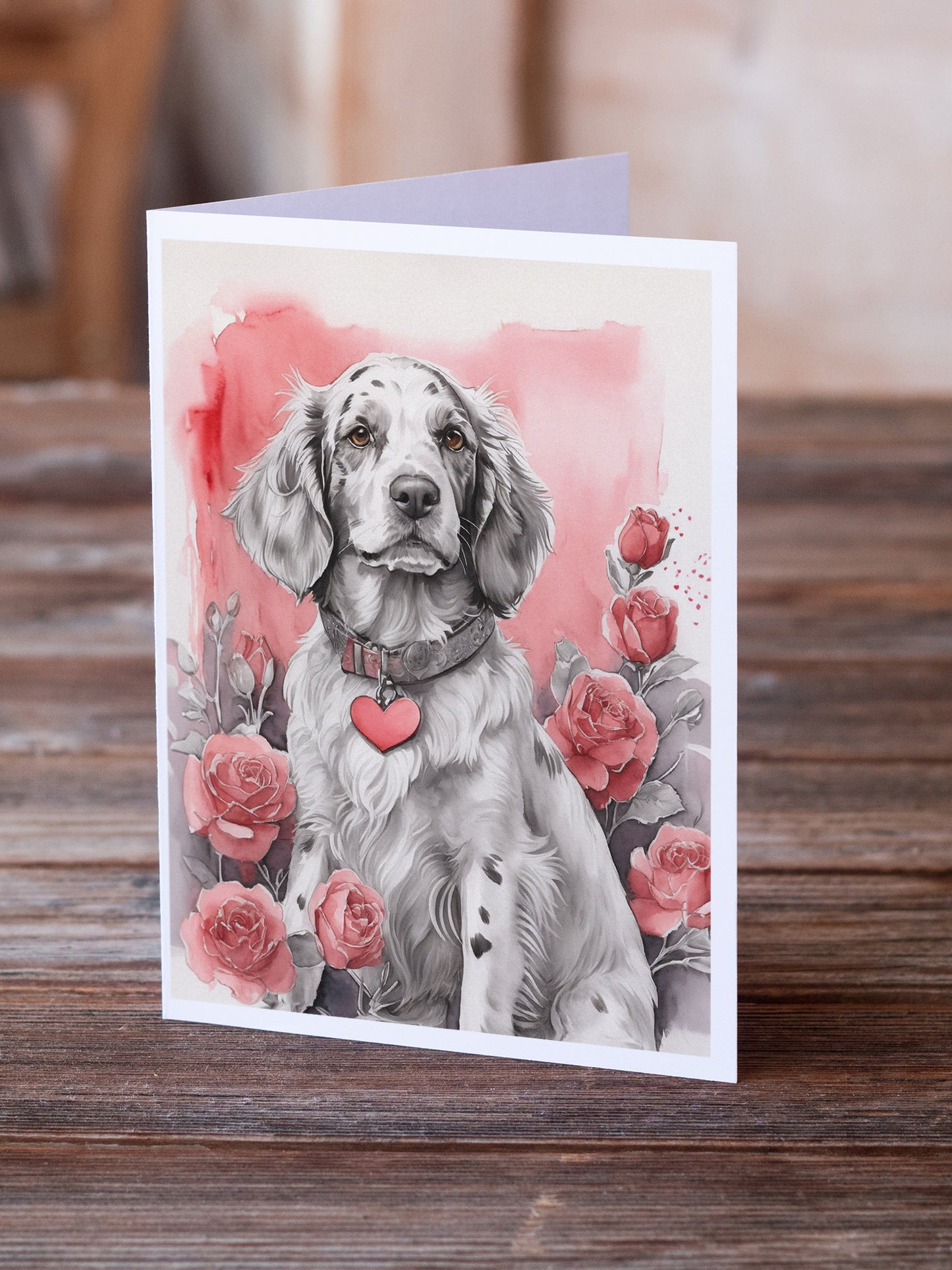 English Setter Valentine Roses Greeting Cards Pack of 8