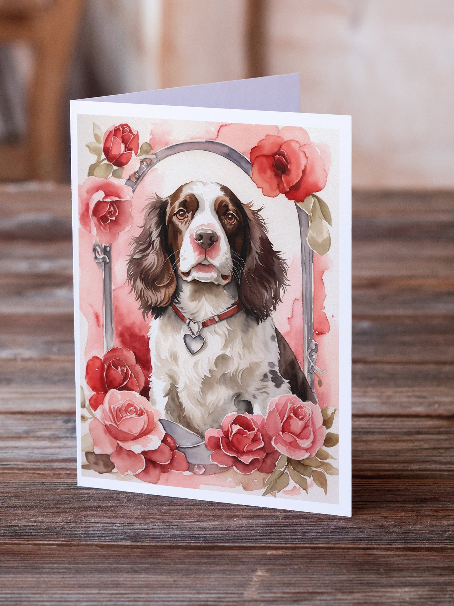 English Springer Spaniel Valentine Roses Greeting Cards Pack of 8