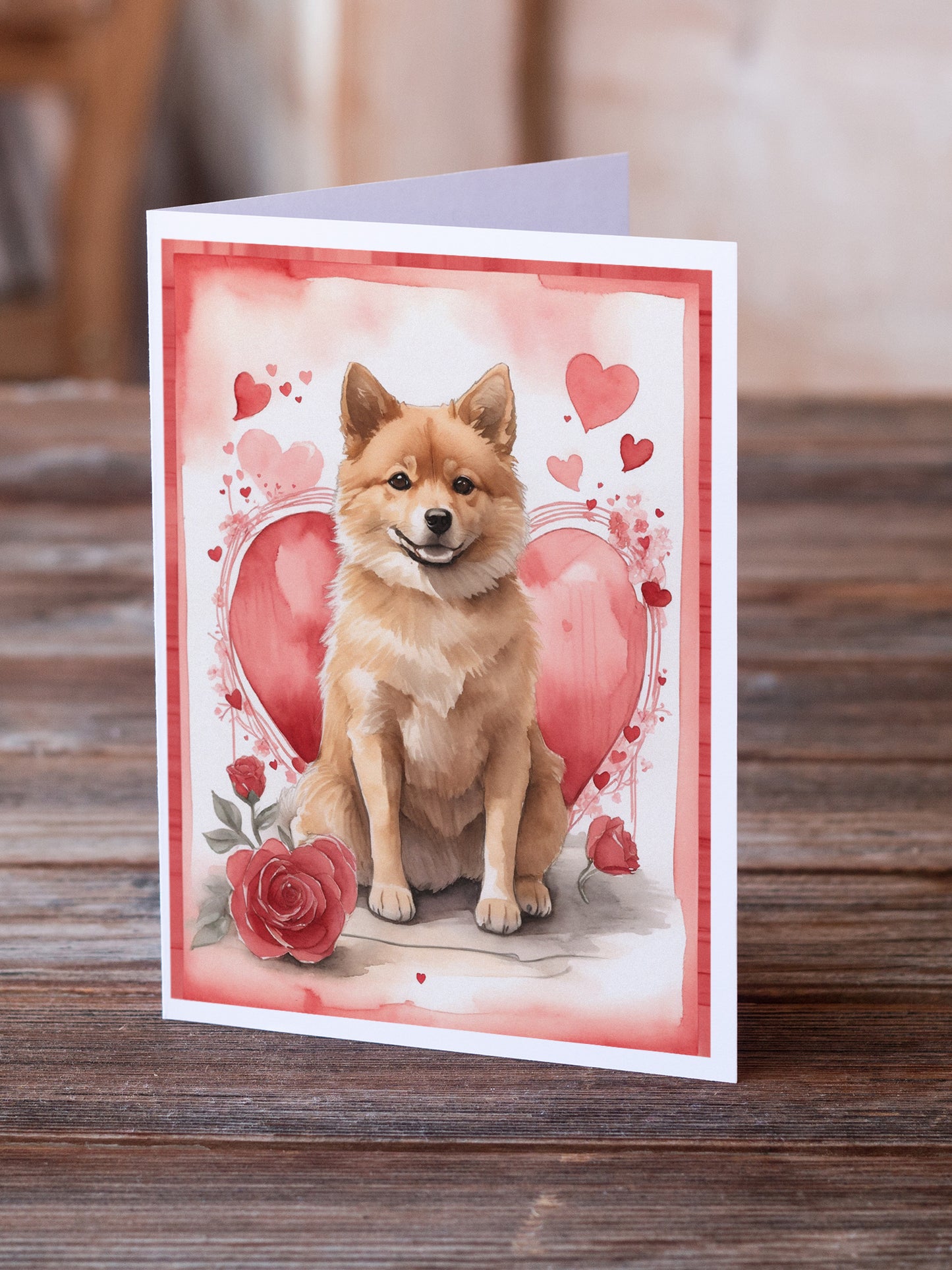 Finnish Spitz Valentine Roses Greeting Cards Pack of 8