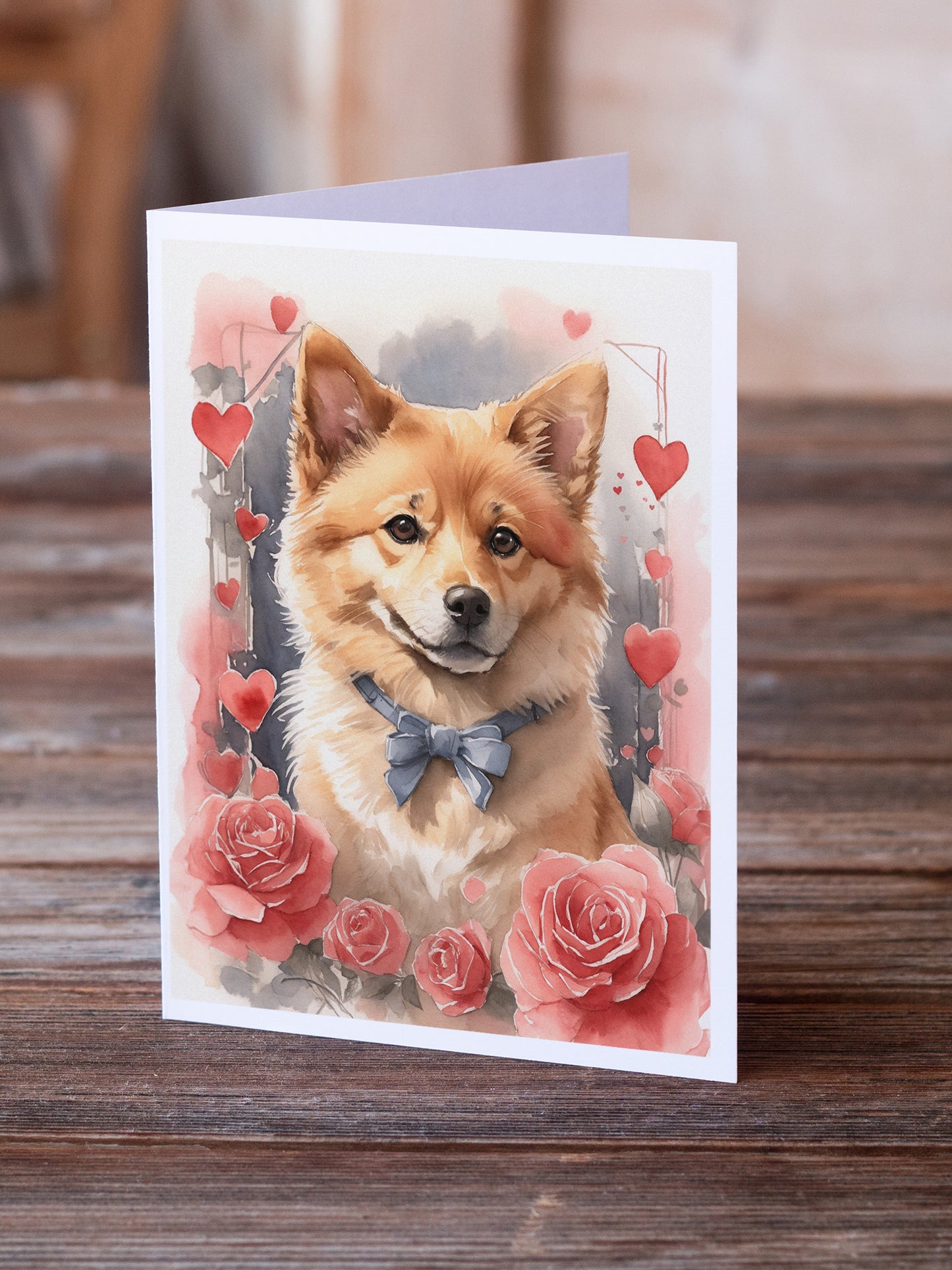 Finnish Spitz Valentine Roses Greeting Cards Pack of 8