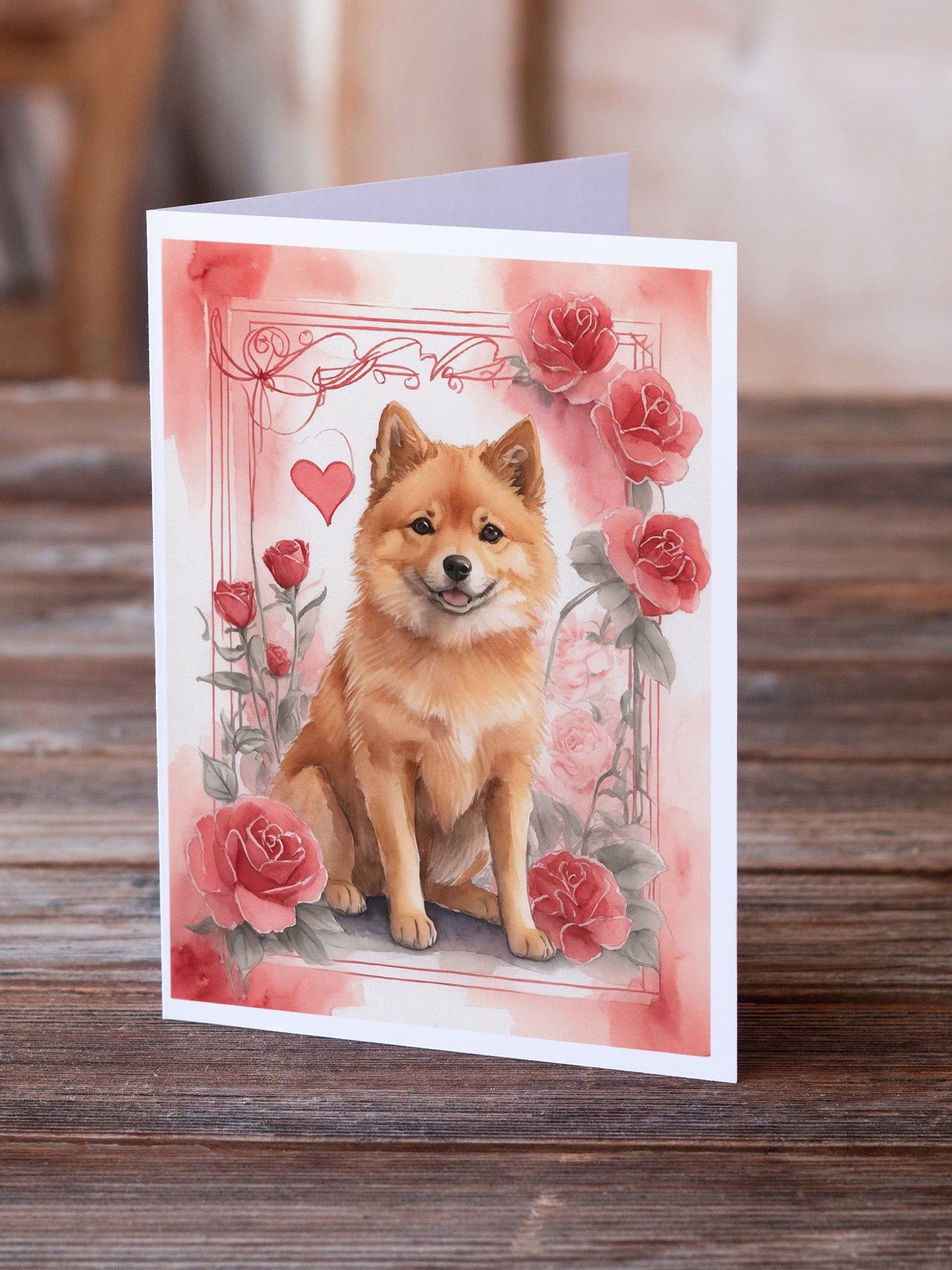 Finnish Spitz Valentine Roses Greeting Cards Pack of 8