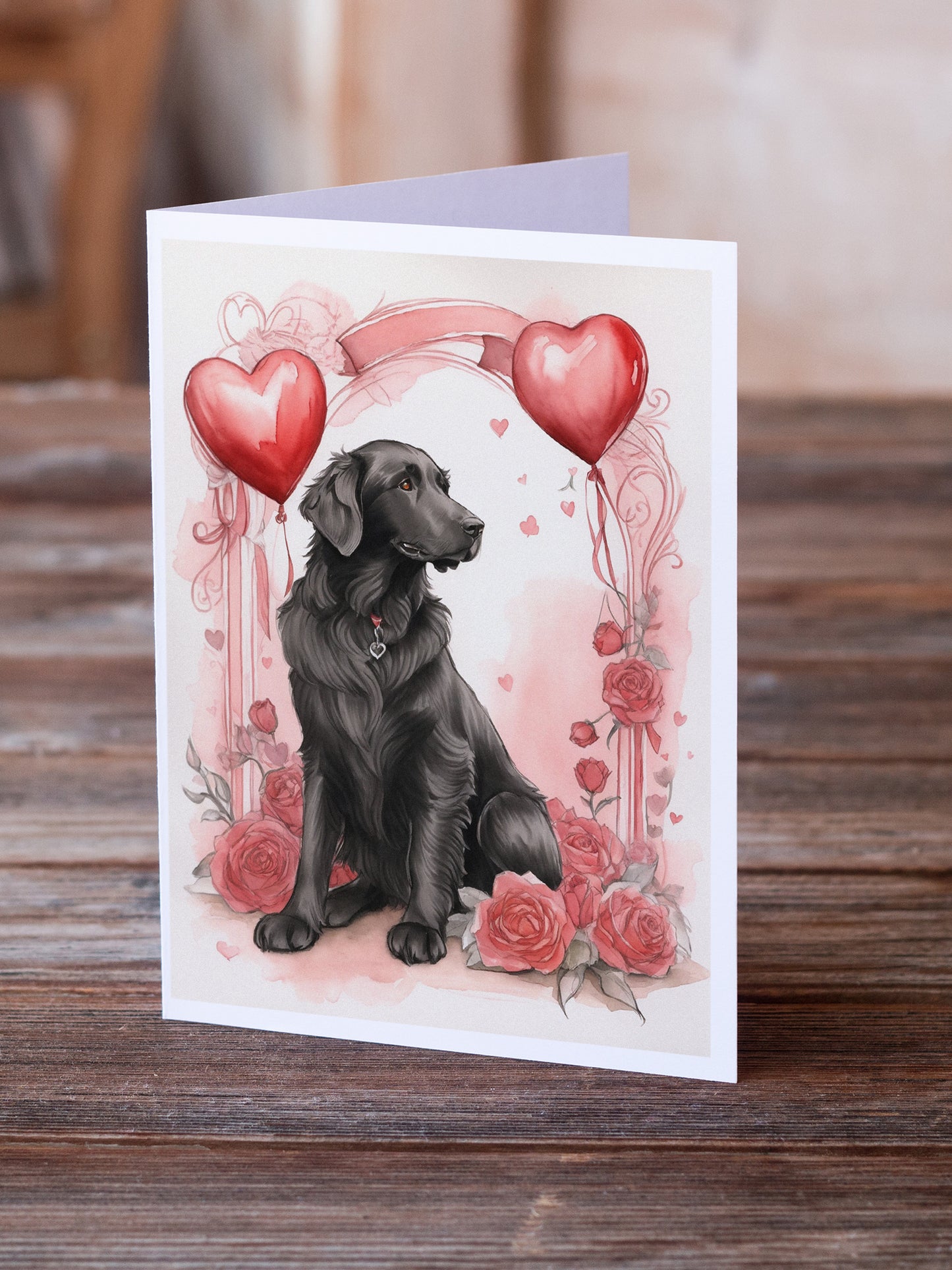 Flat-Coated Retriever Valentine Roses Greeting Cards Pack of 8