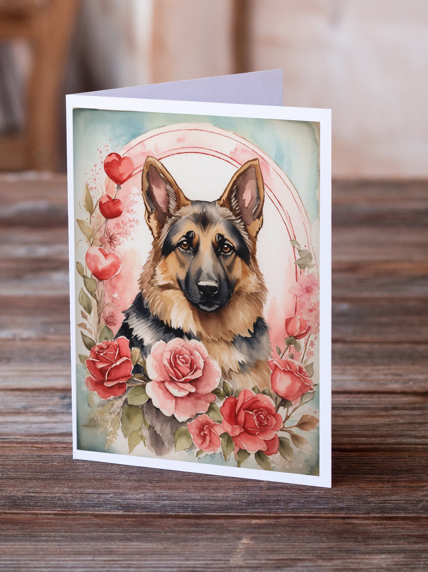 German Shepherd Valentine Roses Greeting Cards Pack of 8