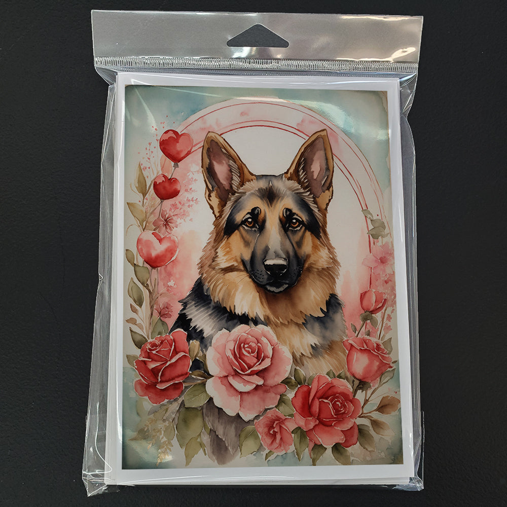 German Shepherd Valentine Roses Greeting Cards Pack of 8