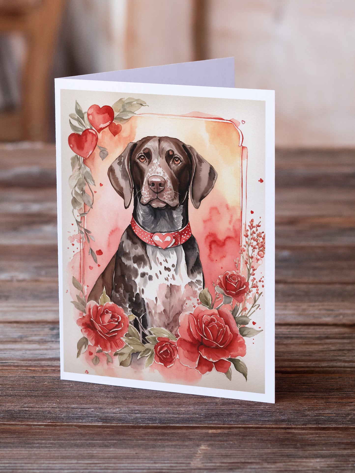 German Shorthaired Pointer Valentine Roses Greeting Cards Pack of 8