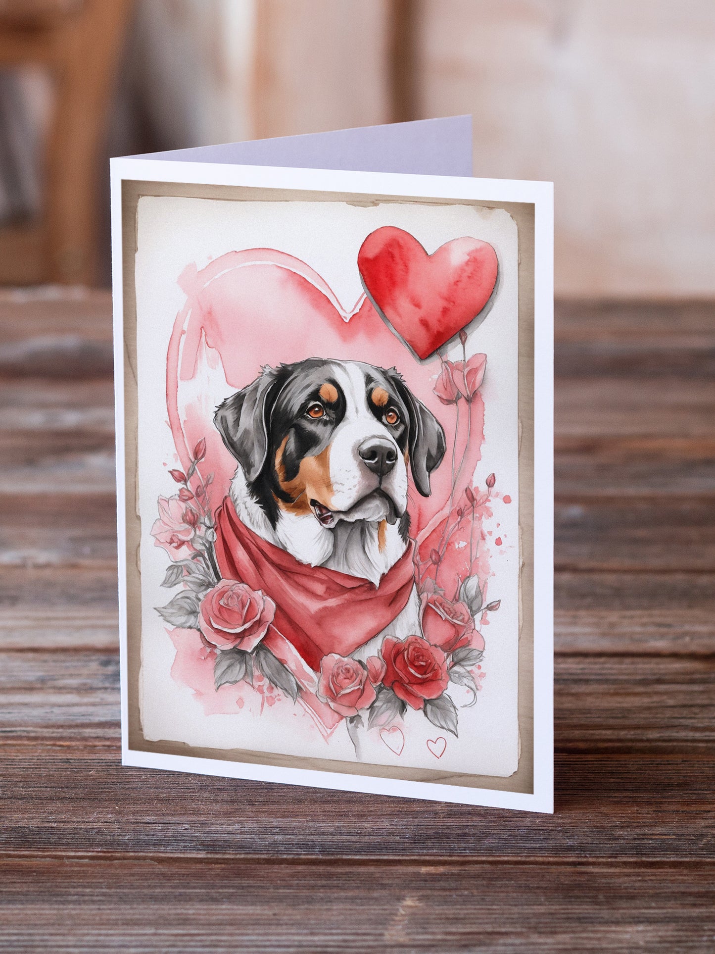 Greater Swiss Mountain Dog Valentine Roses Greeting Cards Pack of 8