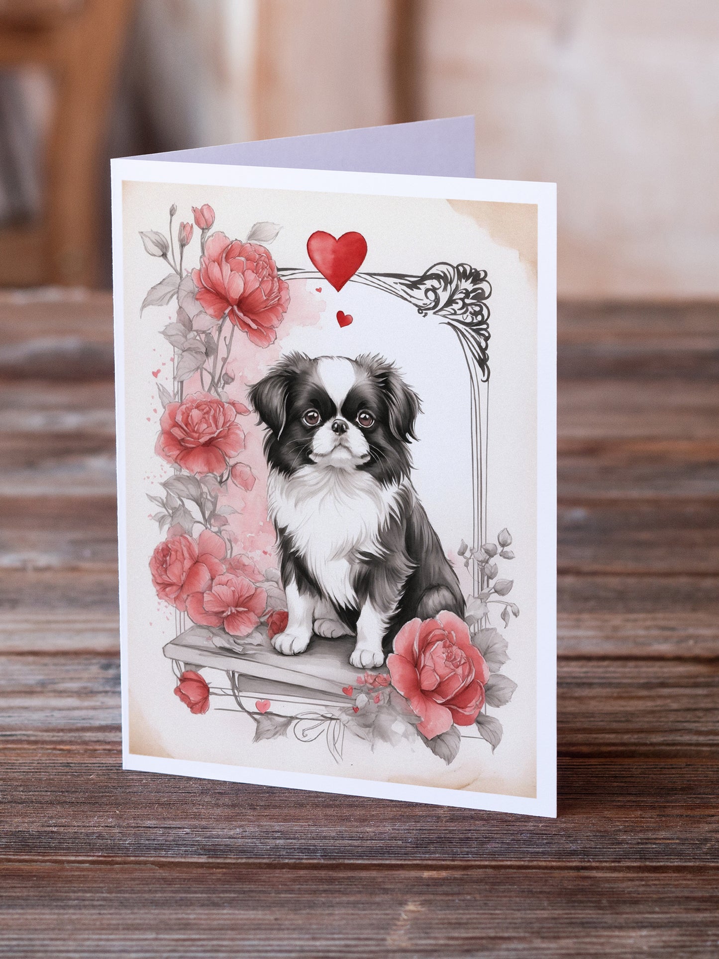 Japanese Chin Valentine Roses Greeting Cards Pack of 8