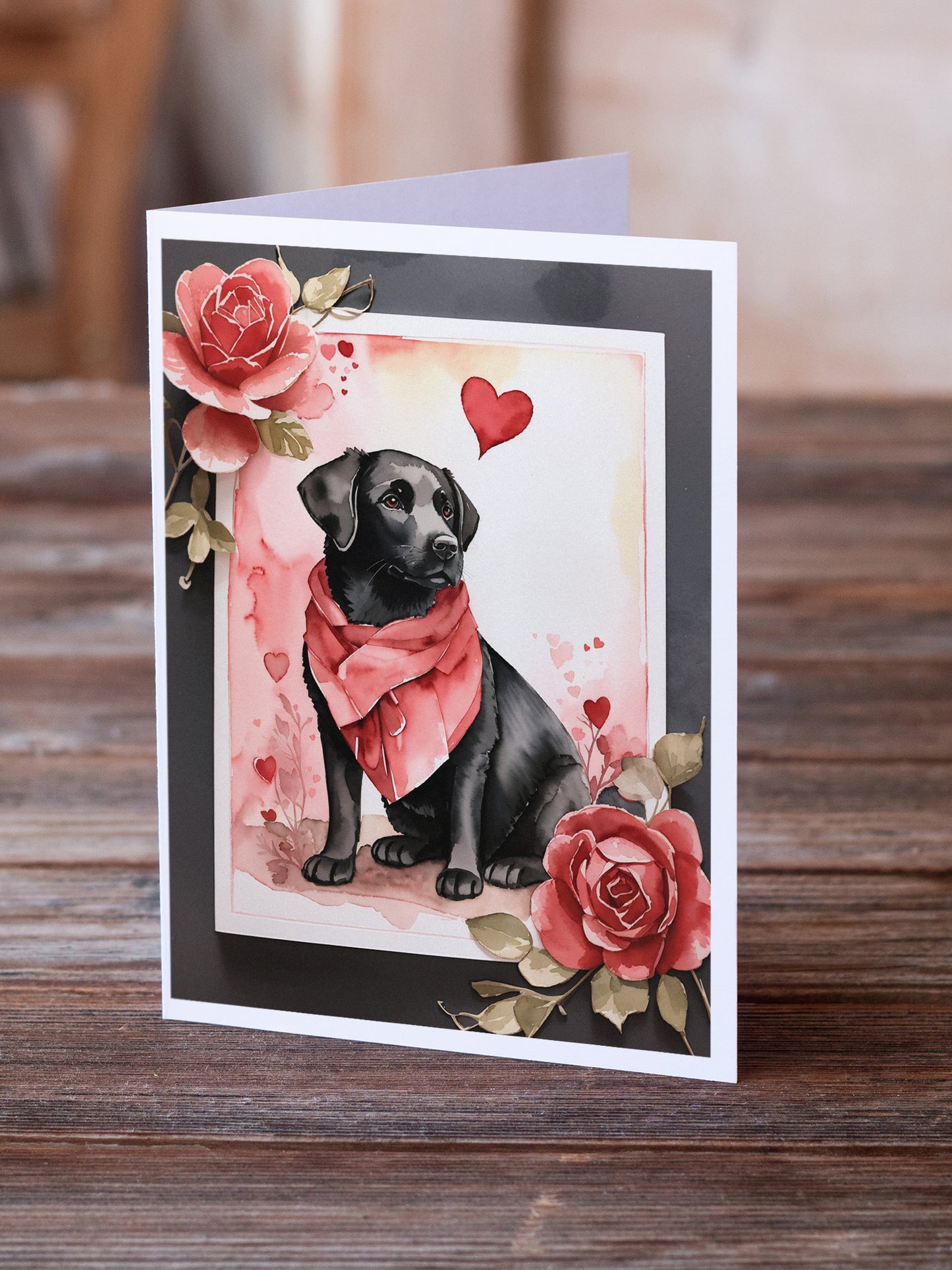 Black Labrador Retriever Valentine Roses Greeting Cards Pack of 8