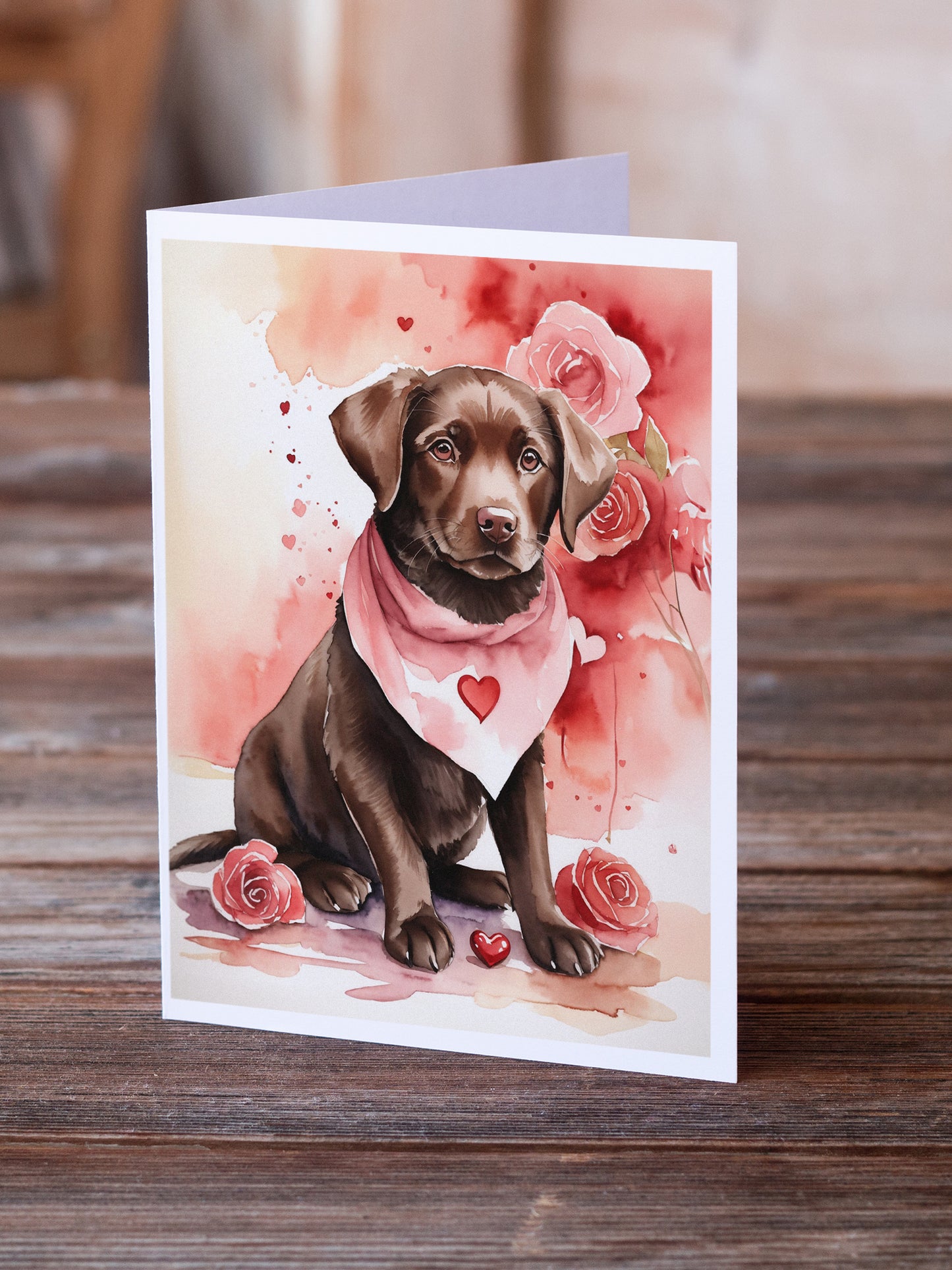 Chocolate Labrador Retriever Valentine Roses Greeting Cards Pack of 8