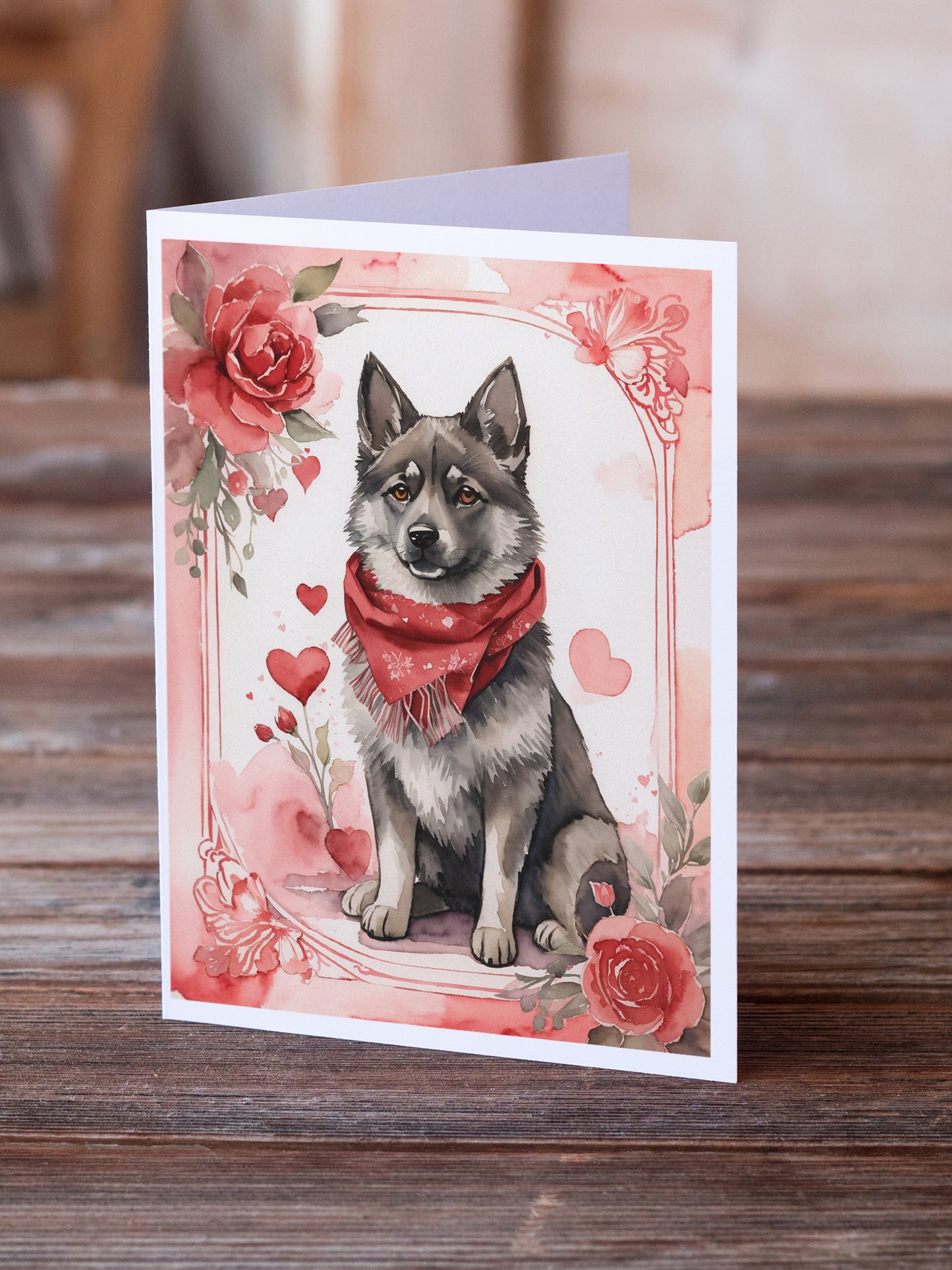 Norwegian Elkhound Valentine Roses Greeting Cards Pack of 8