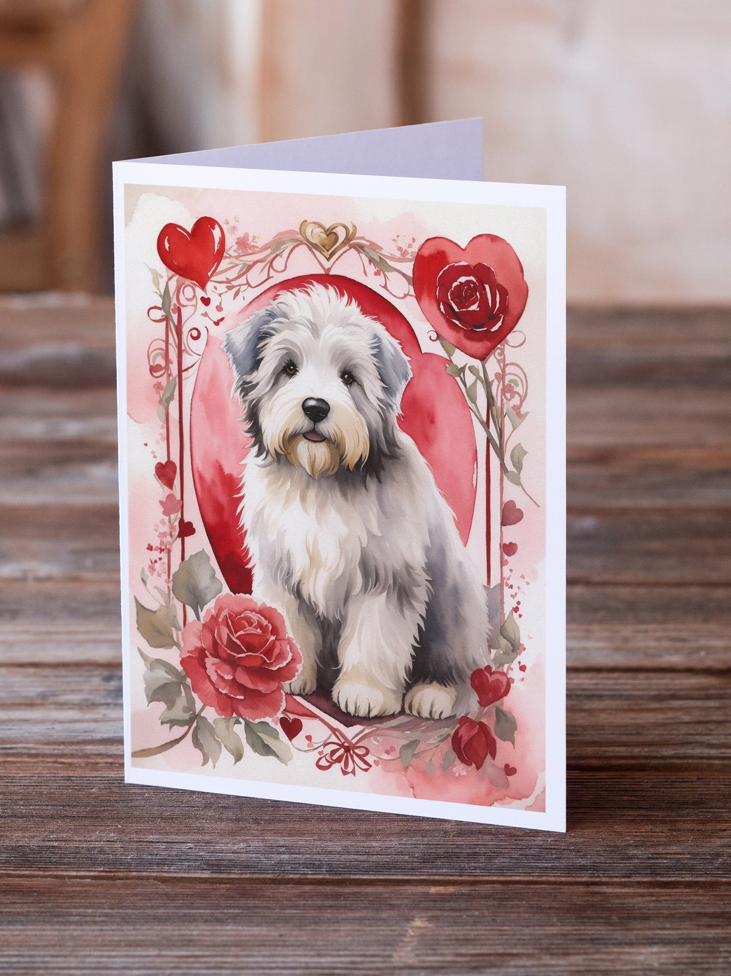 Old English Sheepdog Valentine Roses Greeting Cards Pack of 8