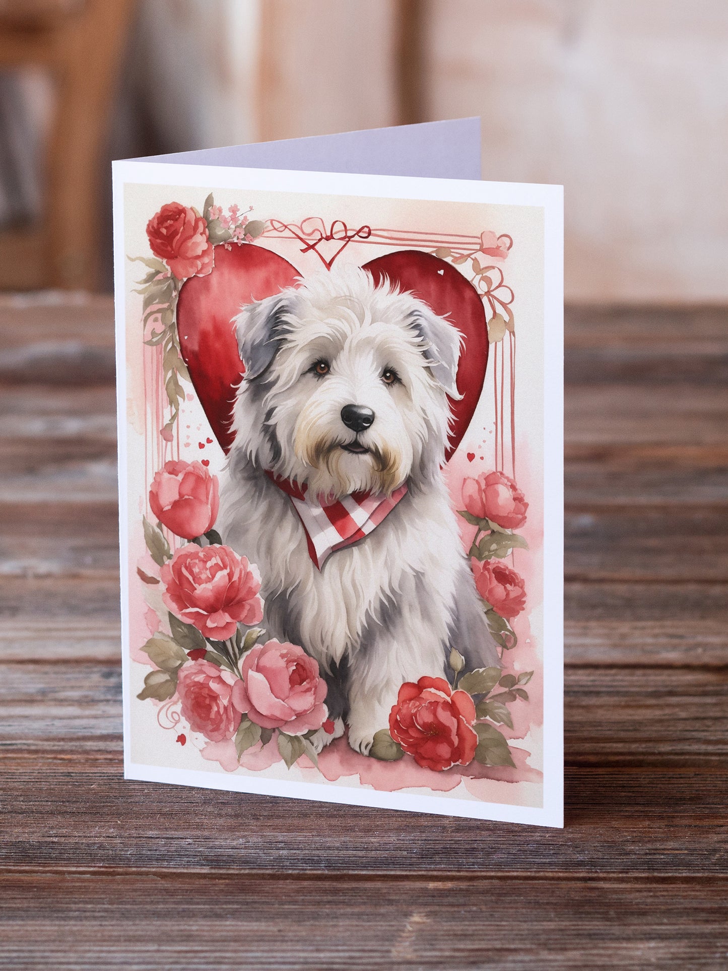 Old English Sheepdog Valentine Roses Greeting Cards Pack of 8