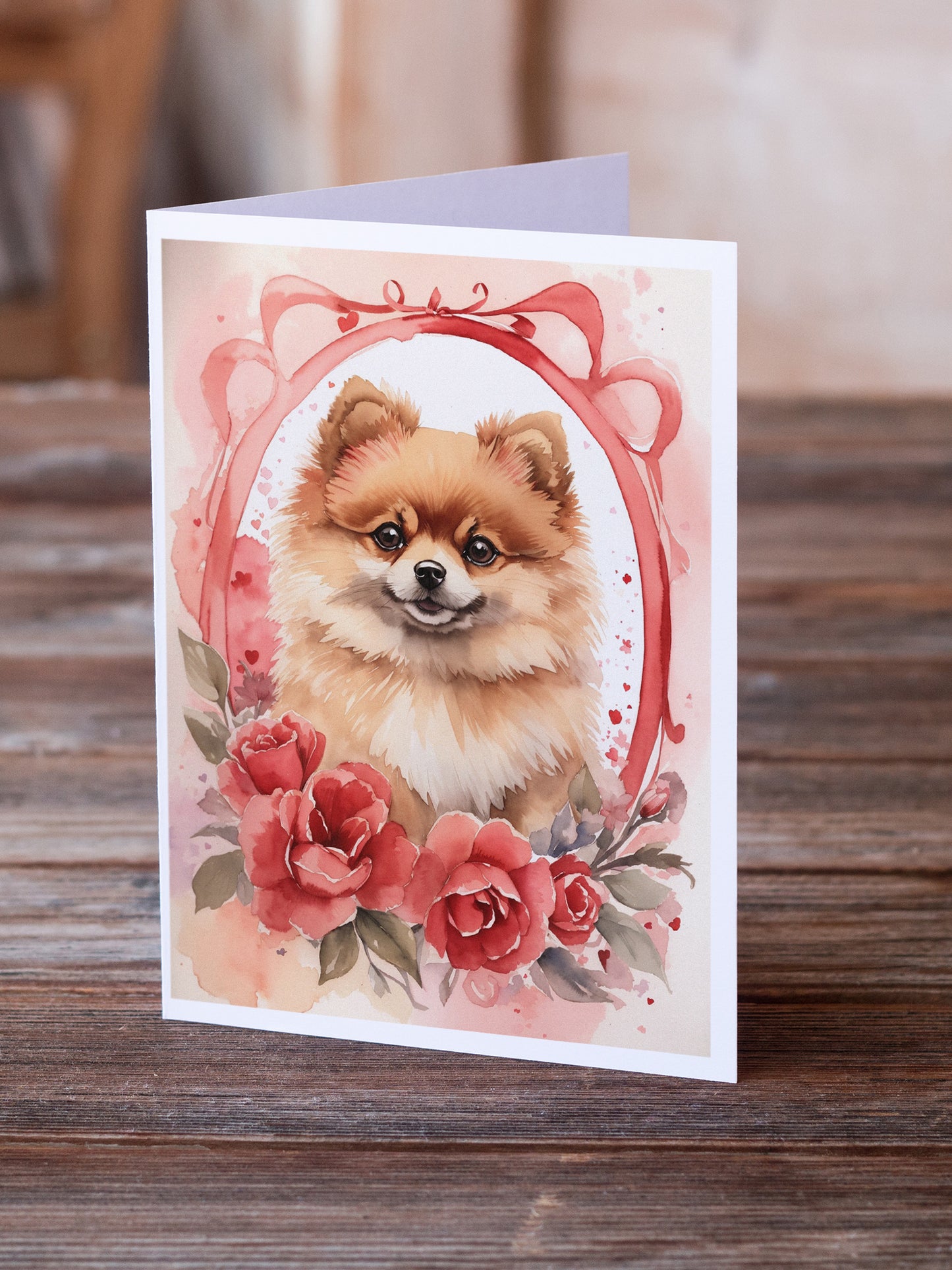 Pomeranian Valentine Roses Greeting Cards Pack of 8