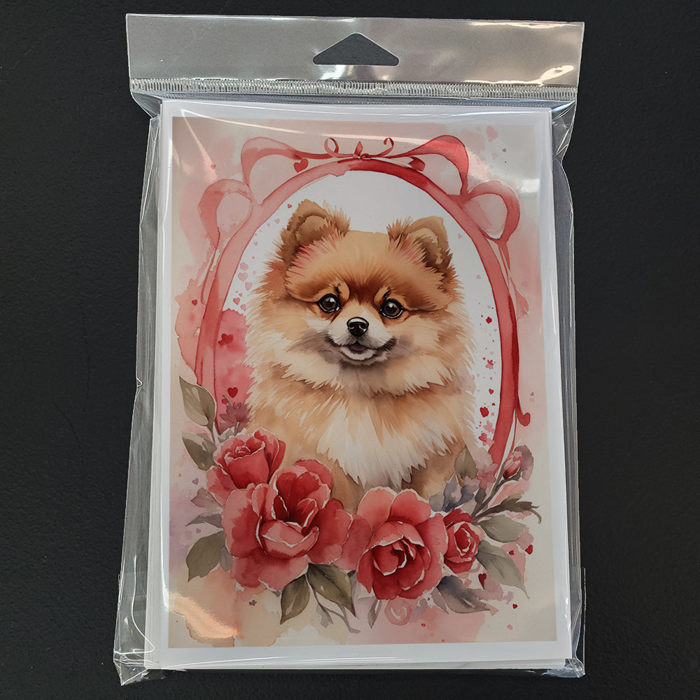 Pomeranian Valentine Roses Greeting Cards Pack of 8