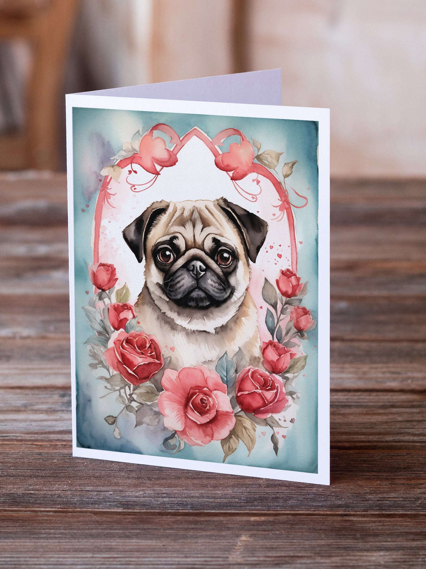 Pug Valentine Roses Greeting Cards Pack of 8