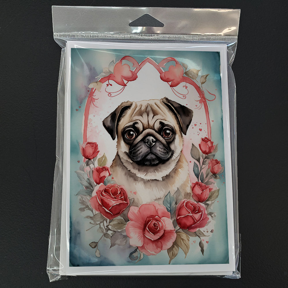 Pug Valentine Roses Greeting Cards Pack of 8