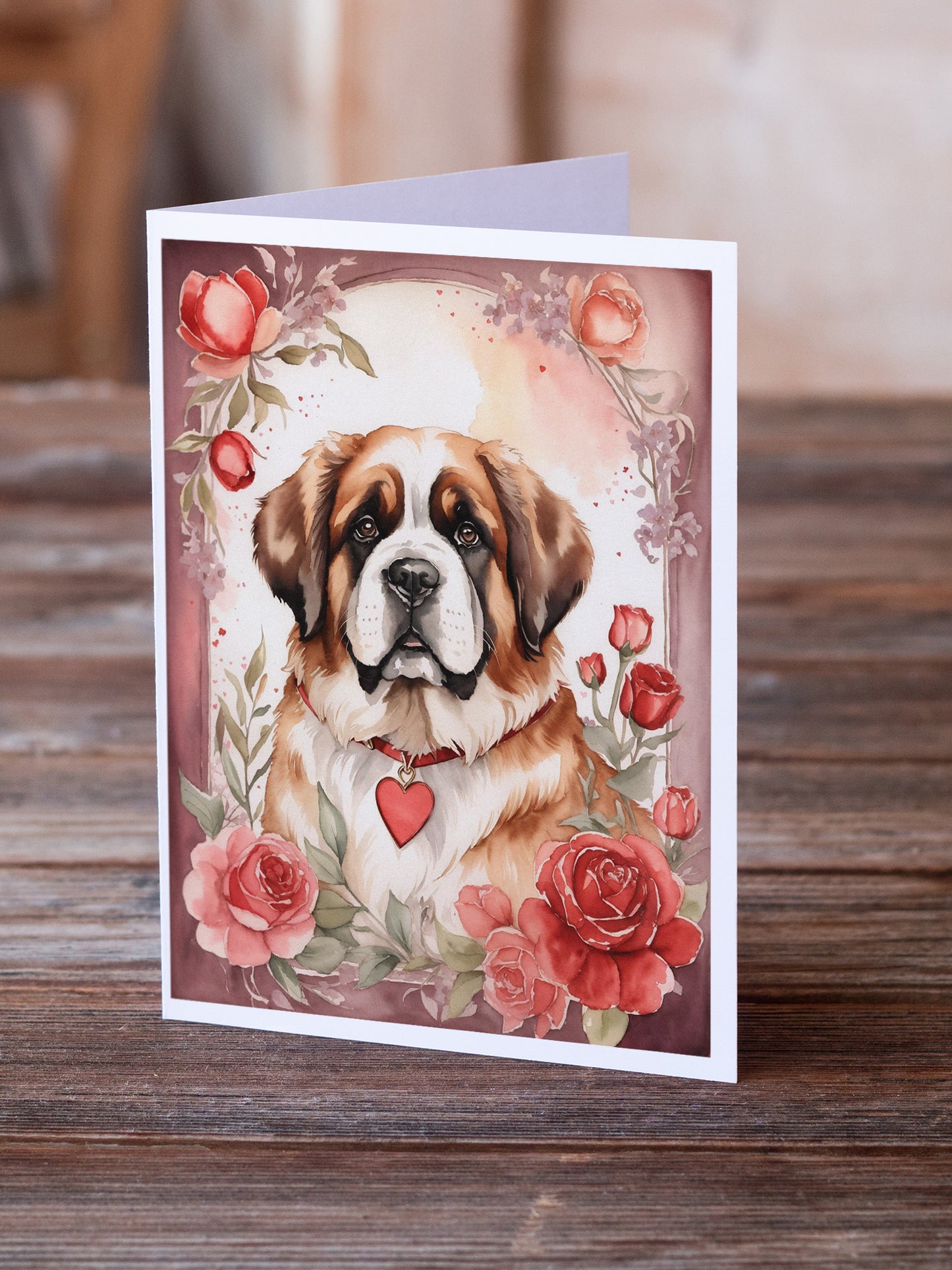 Saint Bernard Valentine Roses Greeting Cards Pack of 8