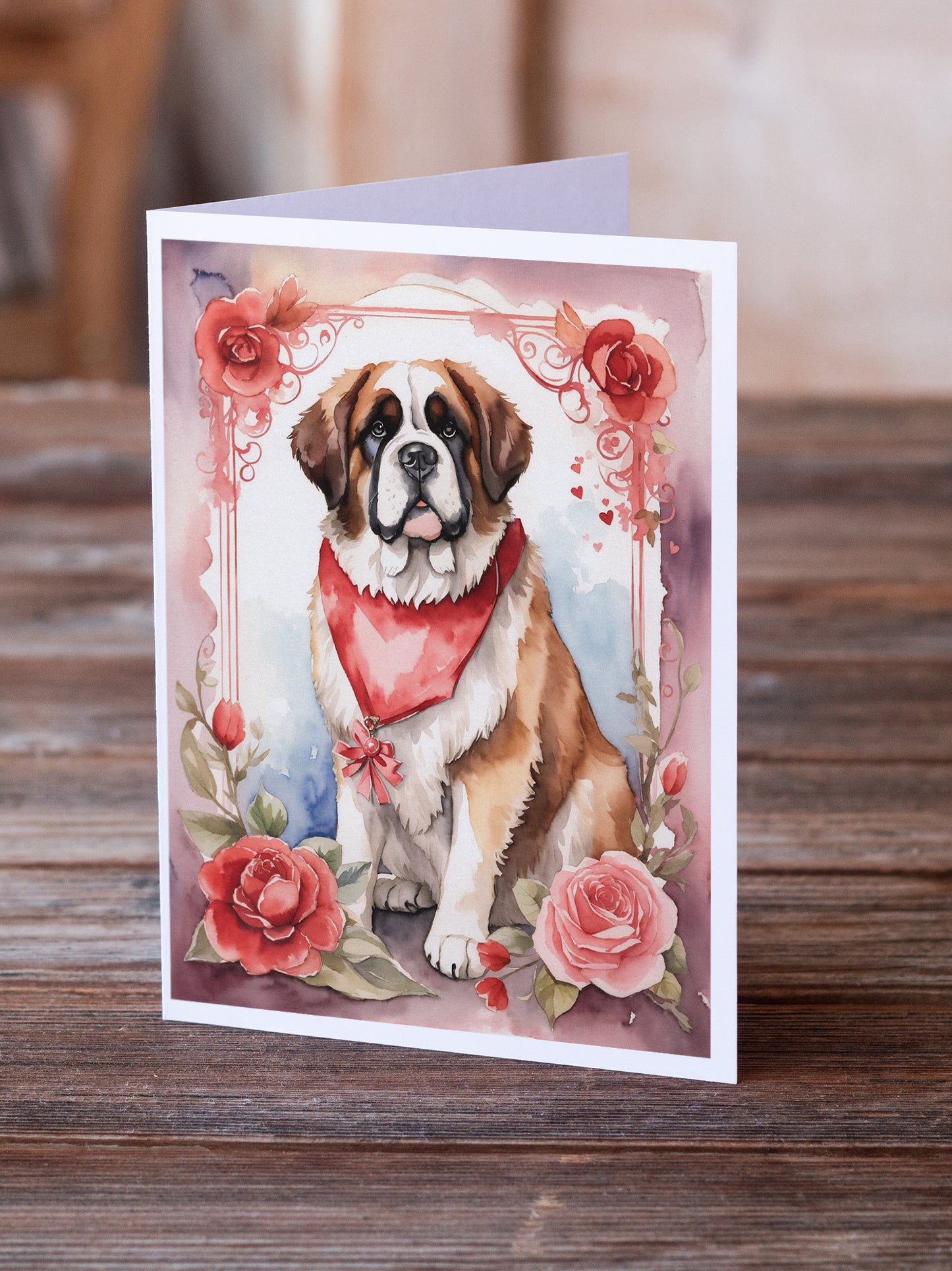 Saint Bernard Valentine Roses Greeting Cards Pack of 8