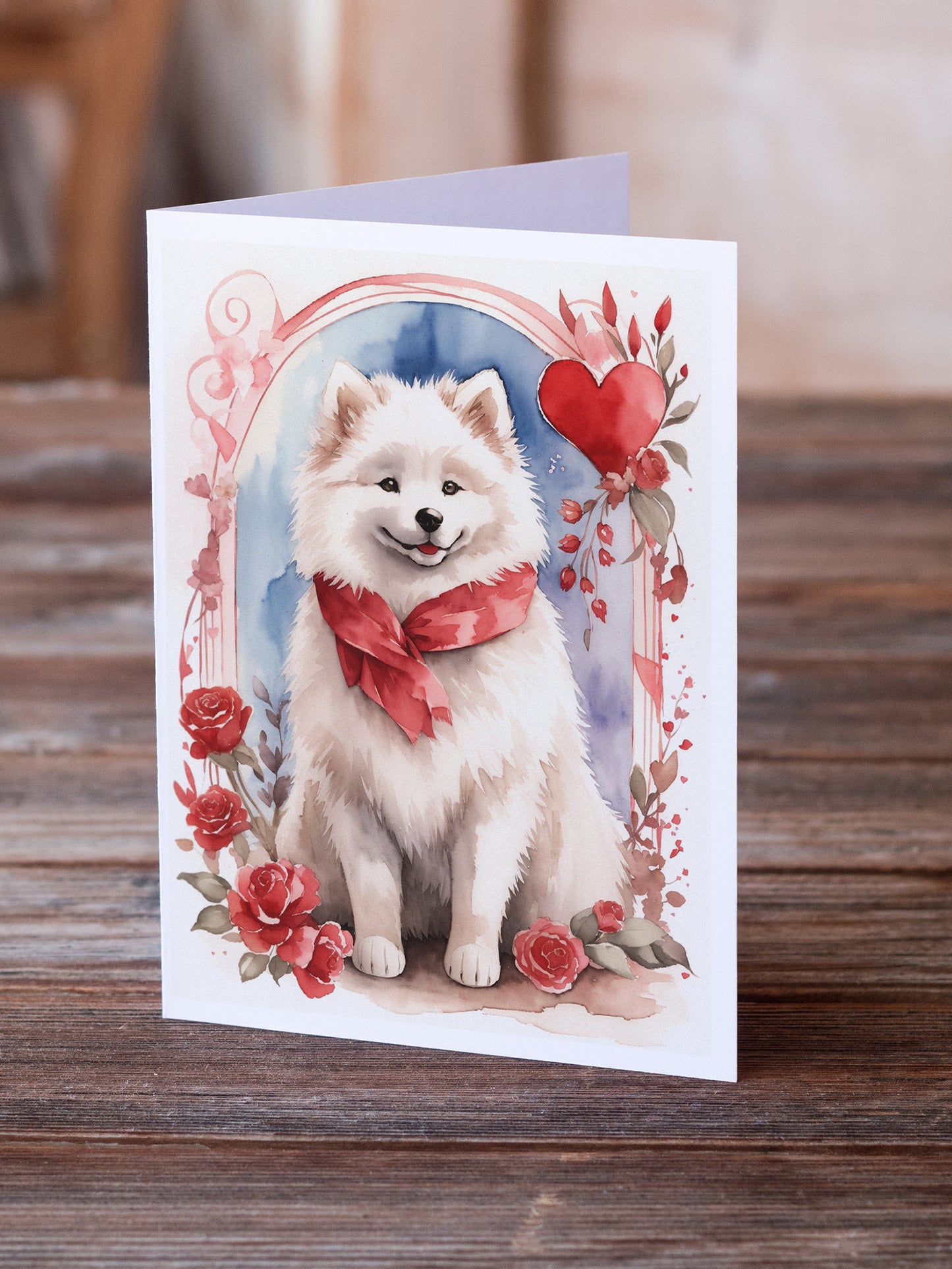 Samoyed Valentine Roses Greeting Cards Pack of 8