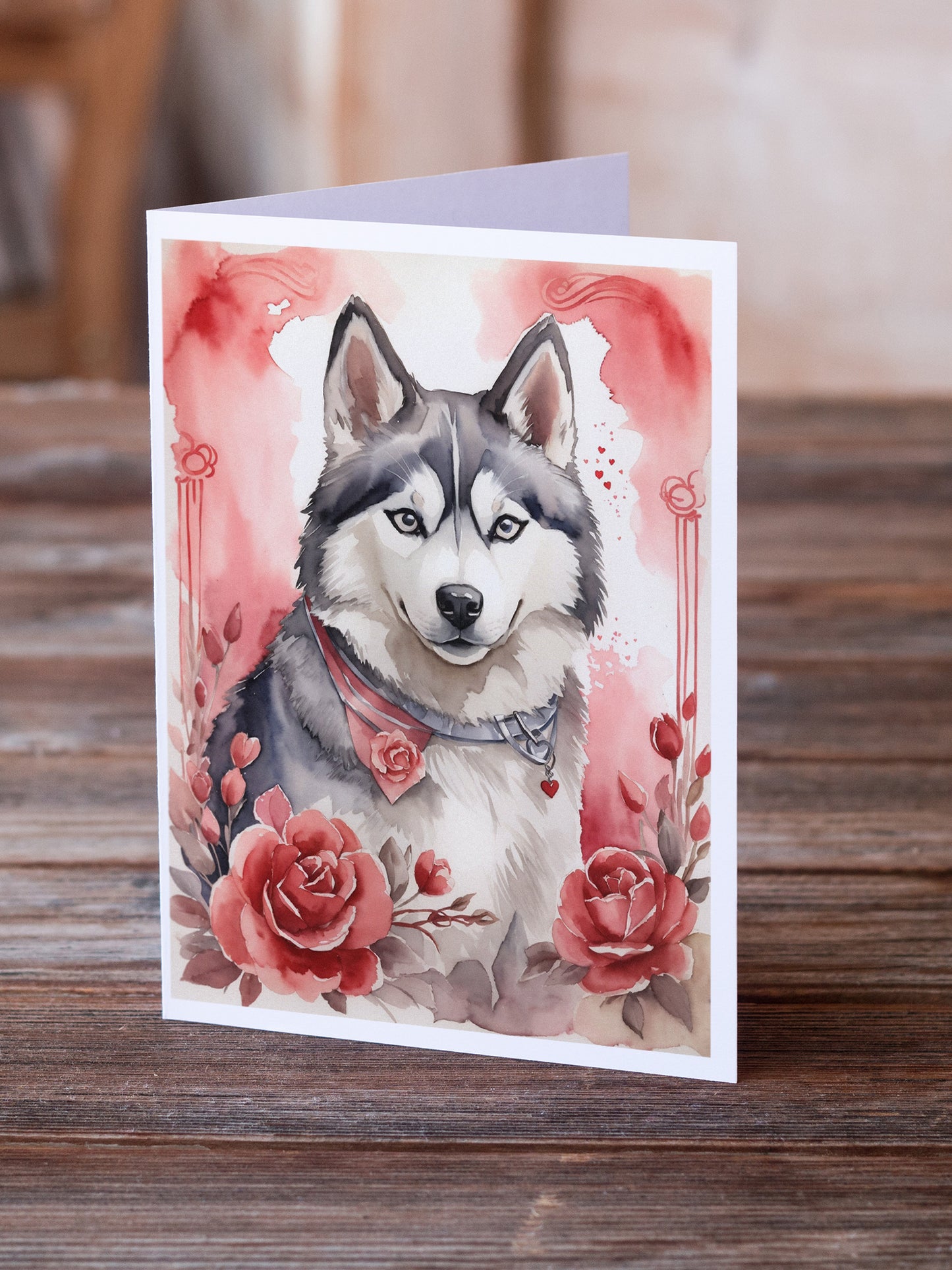 Siberian Husky Valentine Roses Greeting Cards Pack of 8