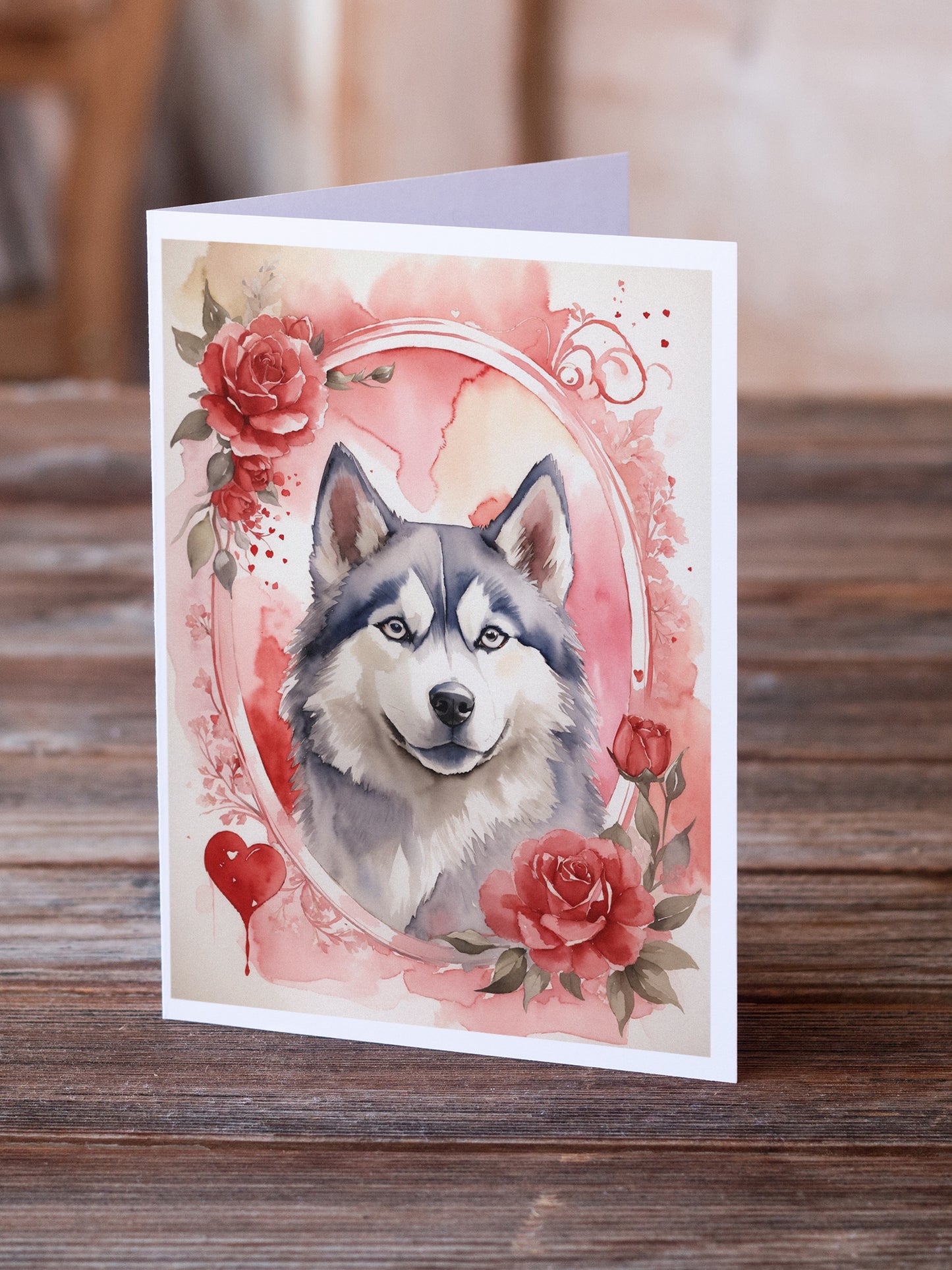 Siberian Husky Valentine Roses Greeting Cards Pack of 8