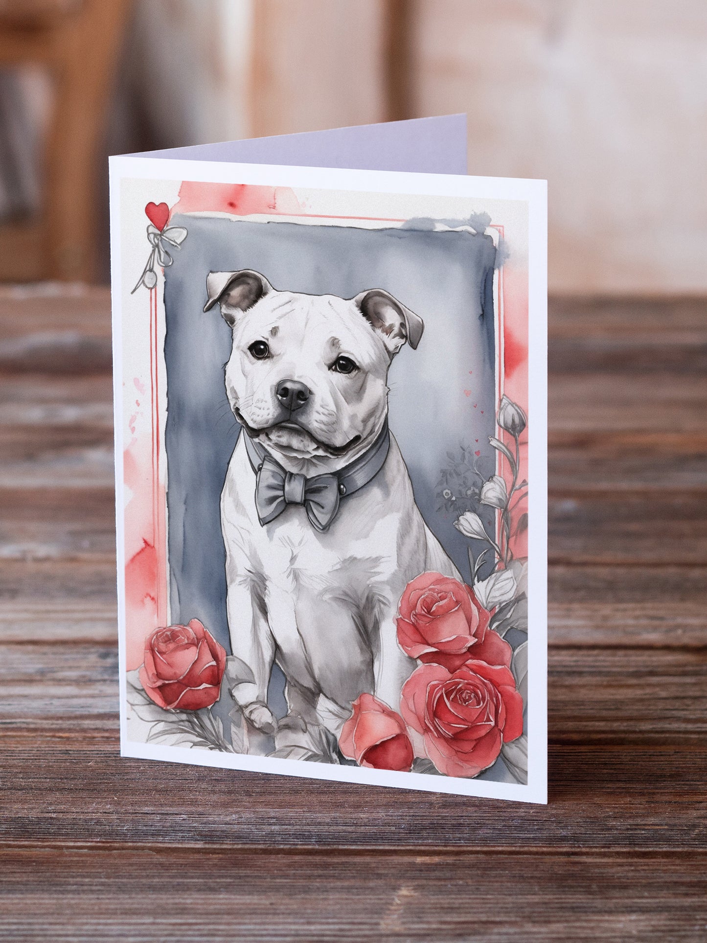 Staffordshire Bull Terrier Valentine Roses Greeting Cards Pack of 8