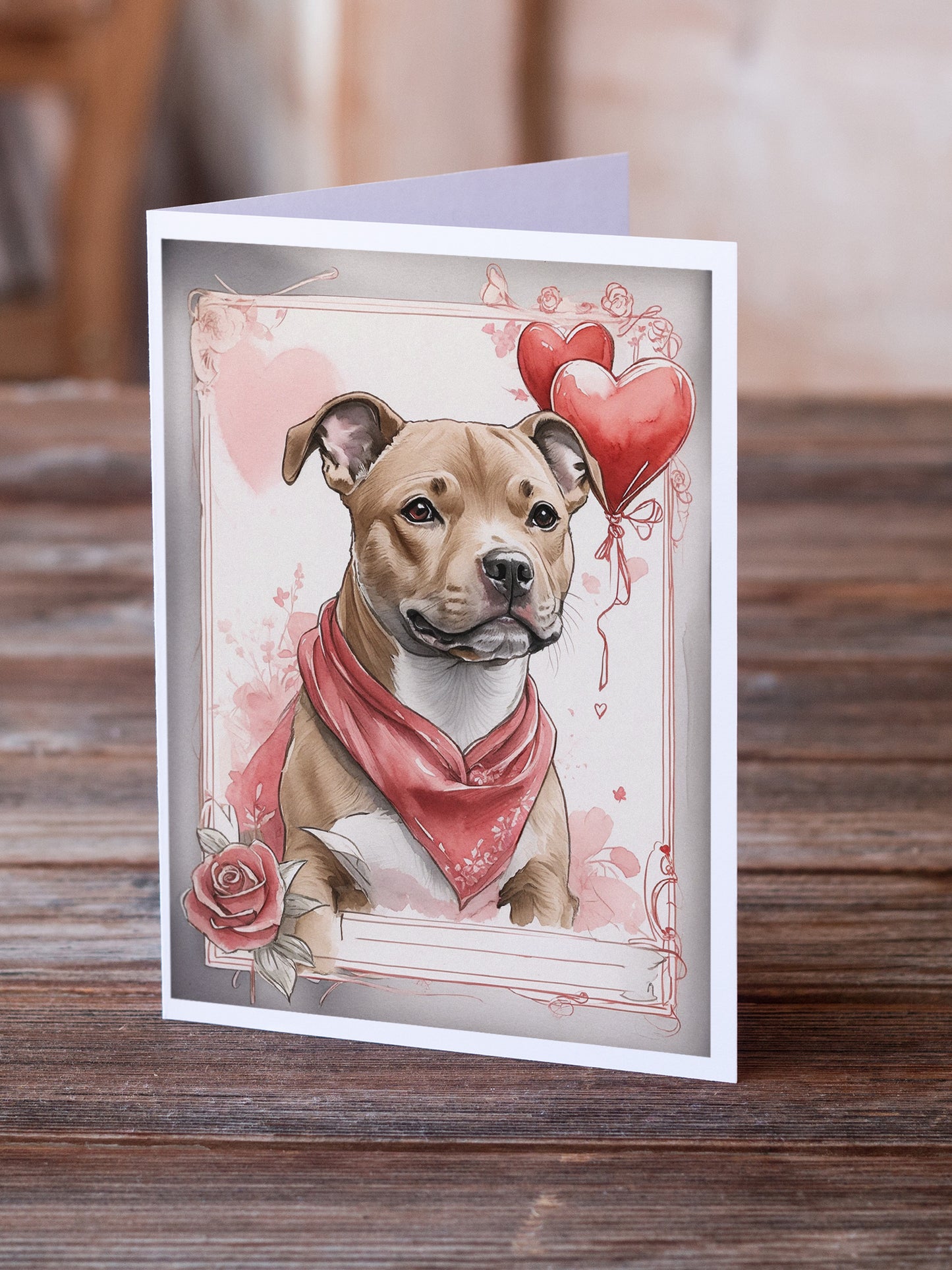 Staffordshire Bull Terrier Valentine Roses Greeting Cards Pack of 8