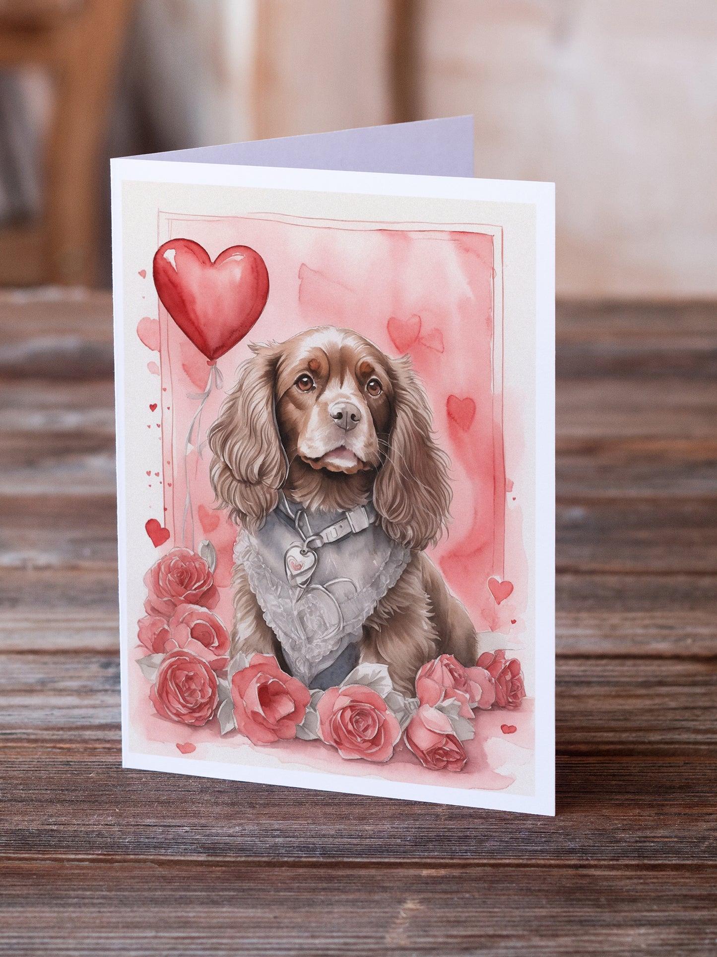 Sussex Spaniel Valentine Roses Greeting Cards Pack of 8