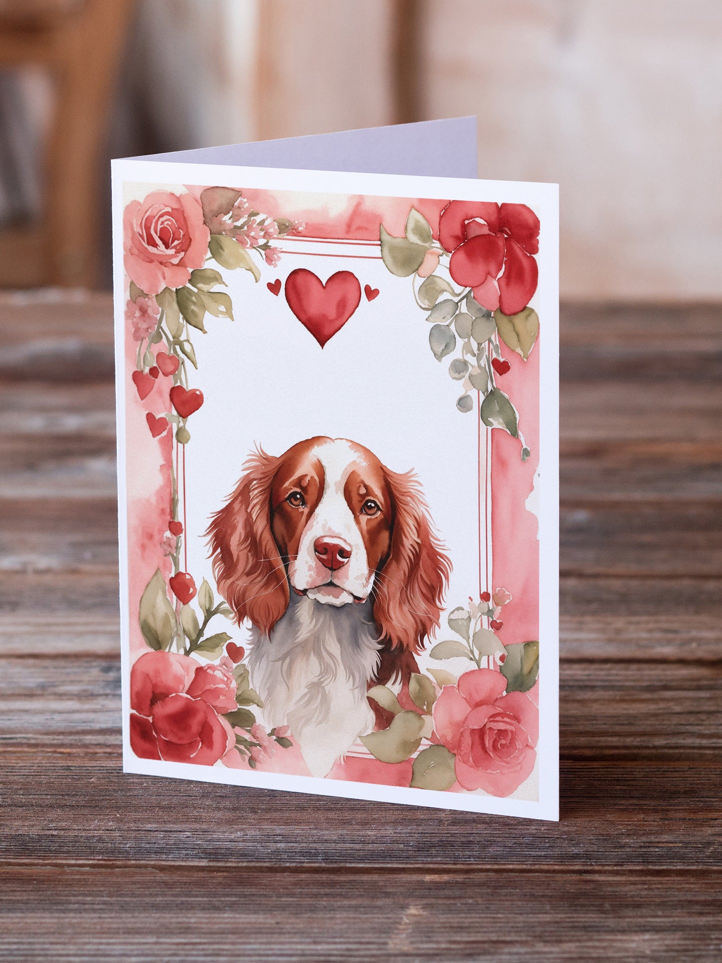 Welsh Springer Spaniel Valentine Roses Greeting Cards Pack of 8