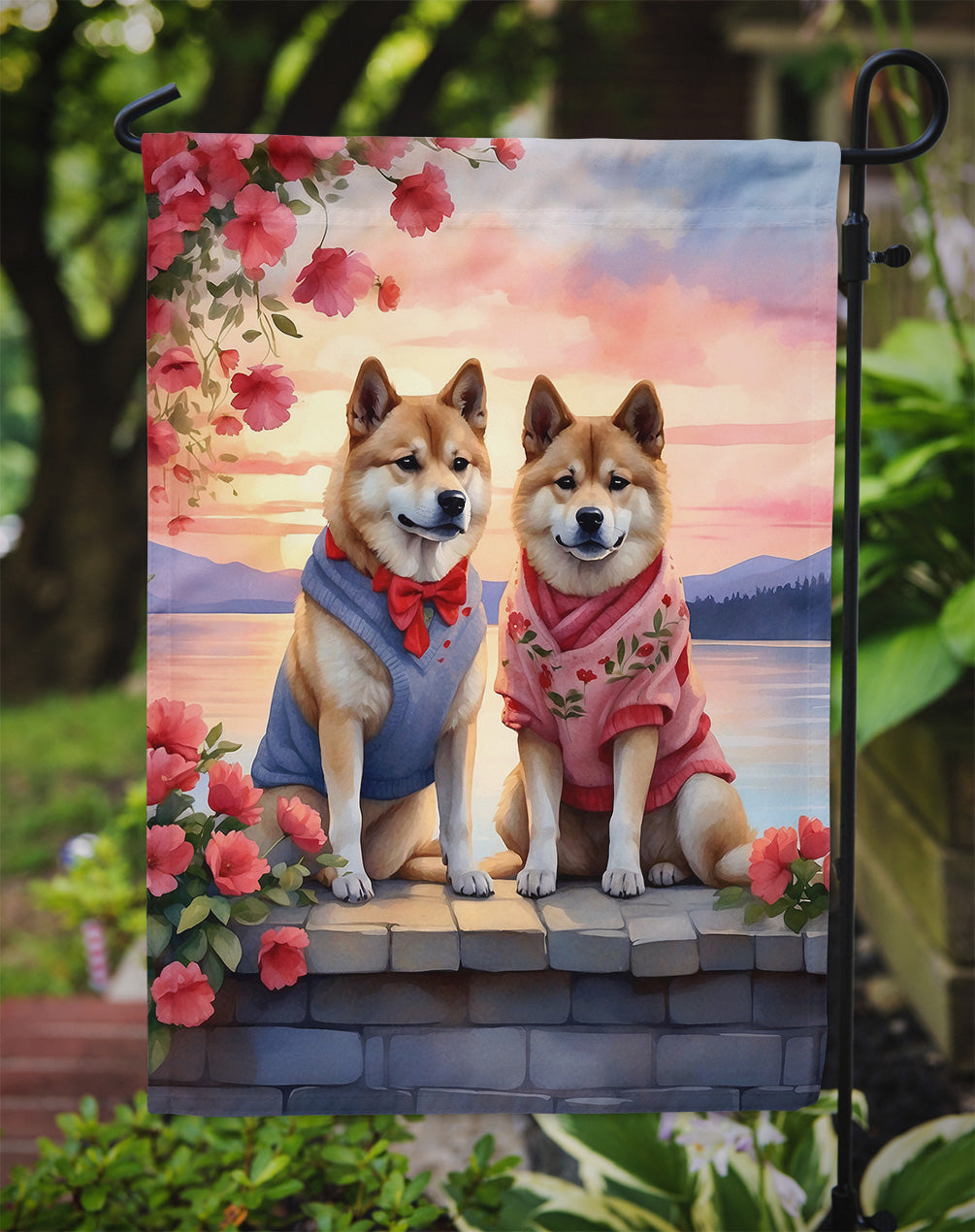 Akita Two Hearts Garden Flag