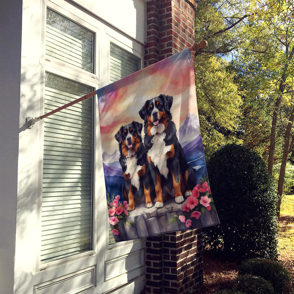 Bernese Mountain Dog Two Hearts House Flag