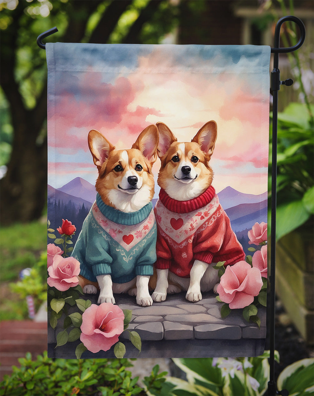 Corgi Two Hearts Garden Flag